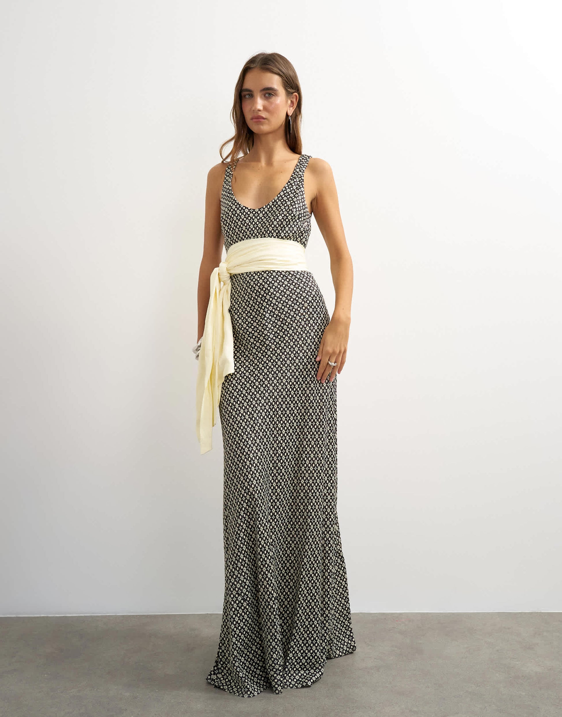 Topshop satin dropped waist maxi dress with contrast tie belt in mono geometric print