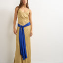 Topshop satin dropped waist maxi dress with contrast tie belt in gold and blue