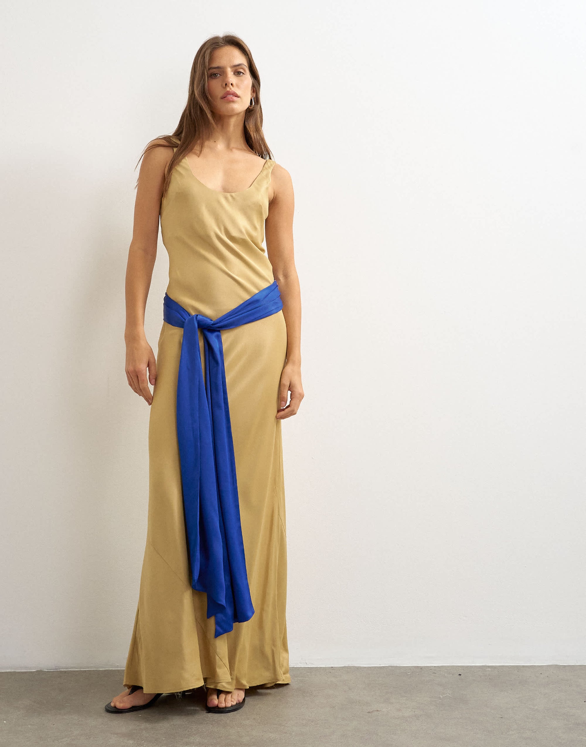 Topshop satin dropped waist maxi dress with contrast tie belt in gold and blue