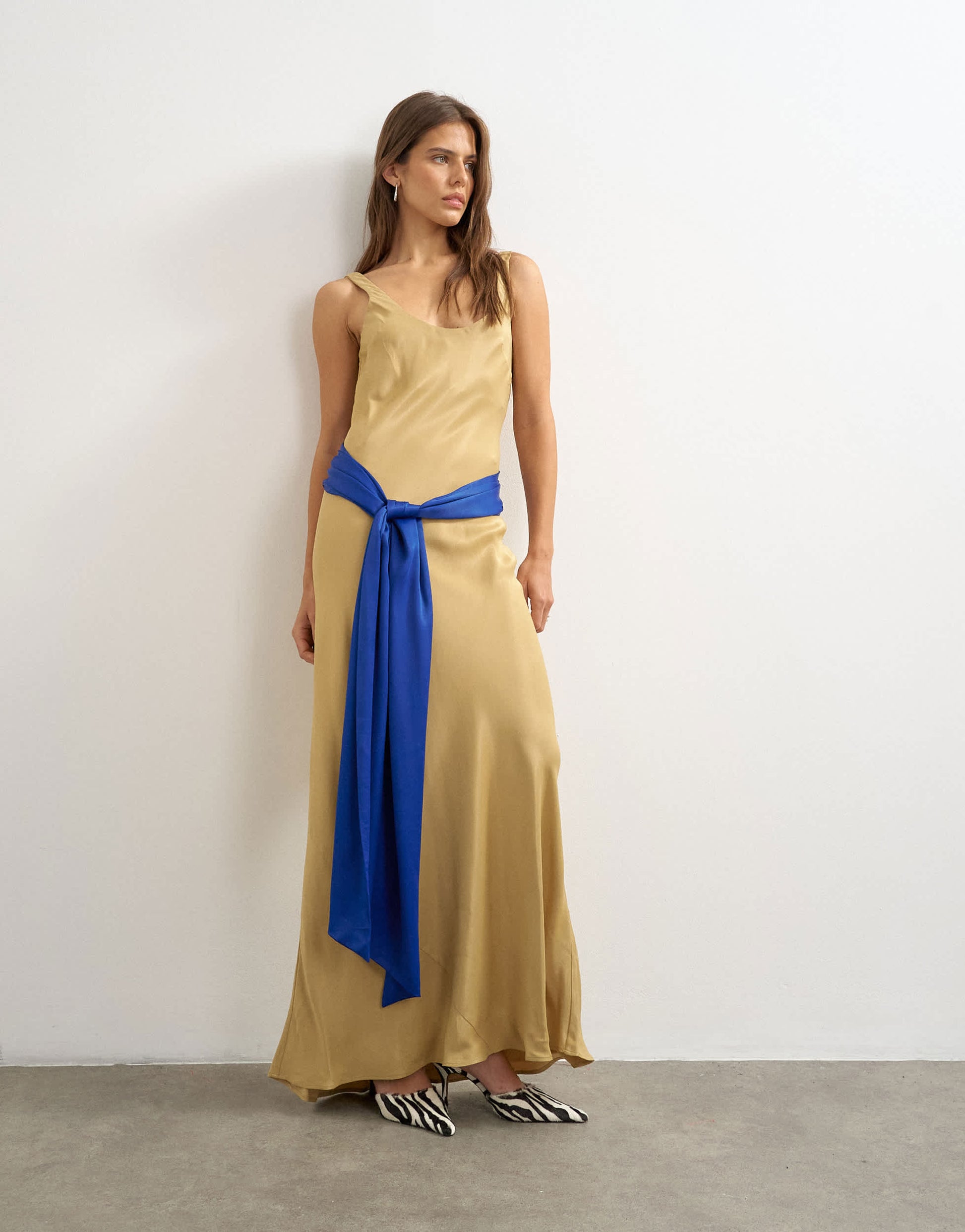 Topshop satin dropped waist maxi dress with contrast tie belt in gold and blue
