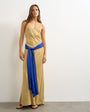 Topshop satin dropped waist maxi dress with contrast tie belt in gold and blue