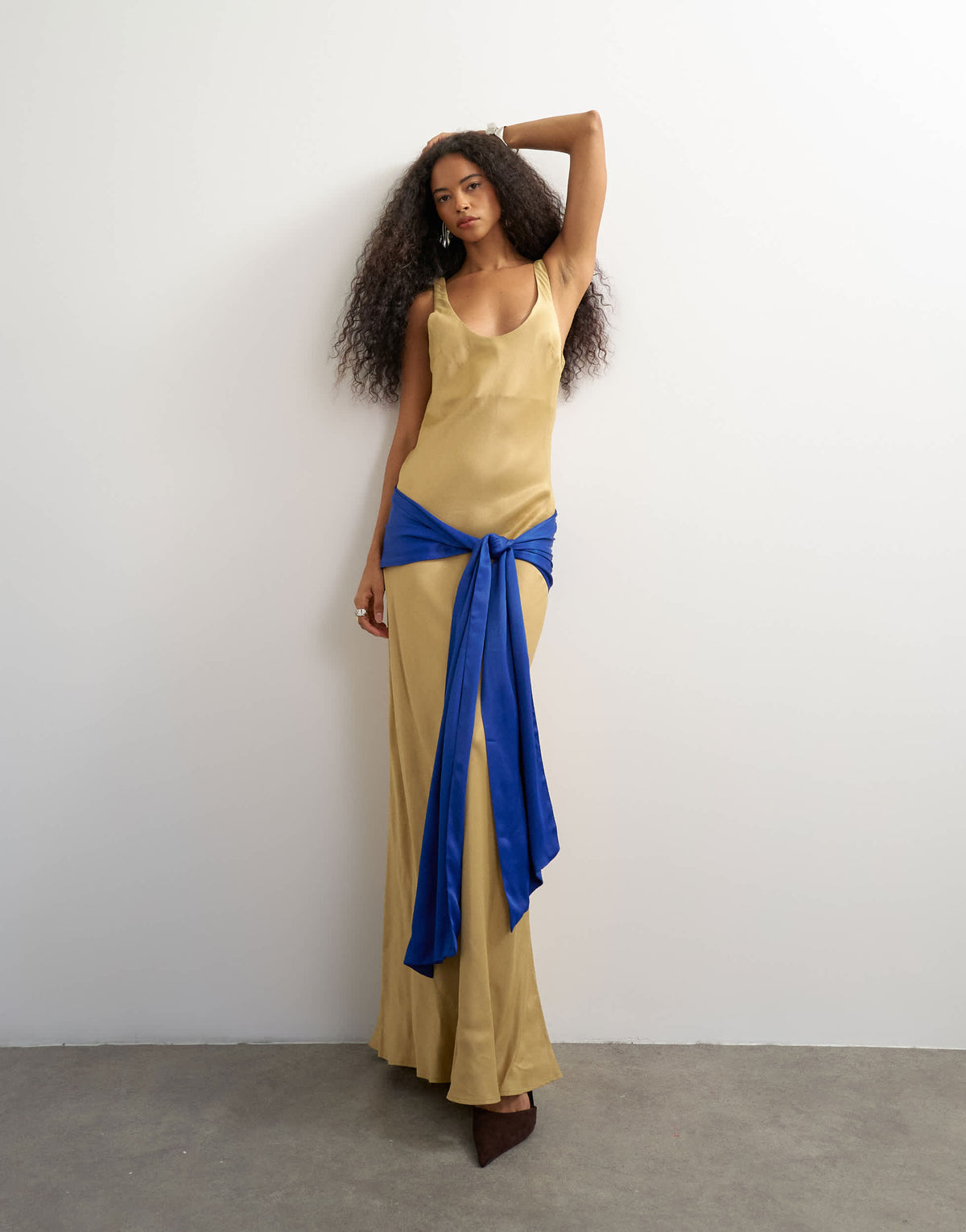 Topshop satin dropped waist maxi dress with contrast tie belt in gold and blue