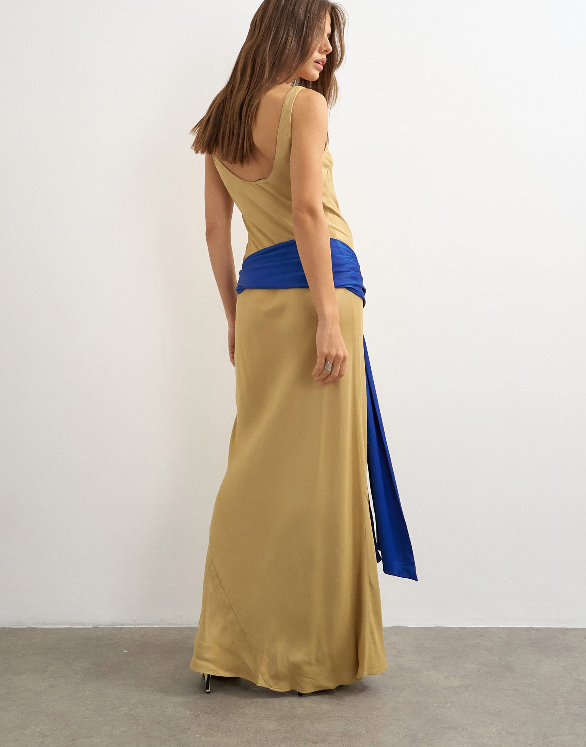Topshop satin dropped waist maxi dress with contrast tie belt in gold and blue