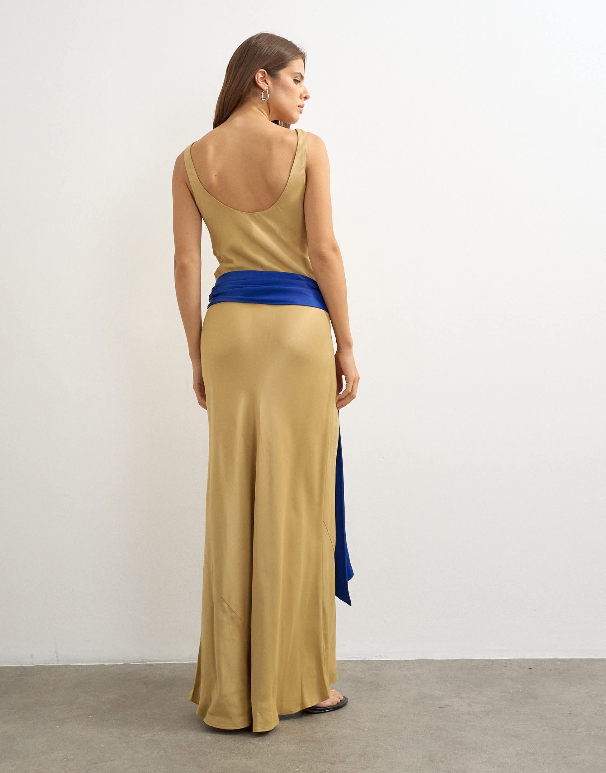 Topshop satin dropped waist maxi dress with contrast tie belt in gold and blue