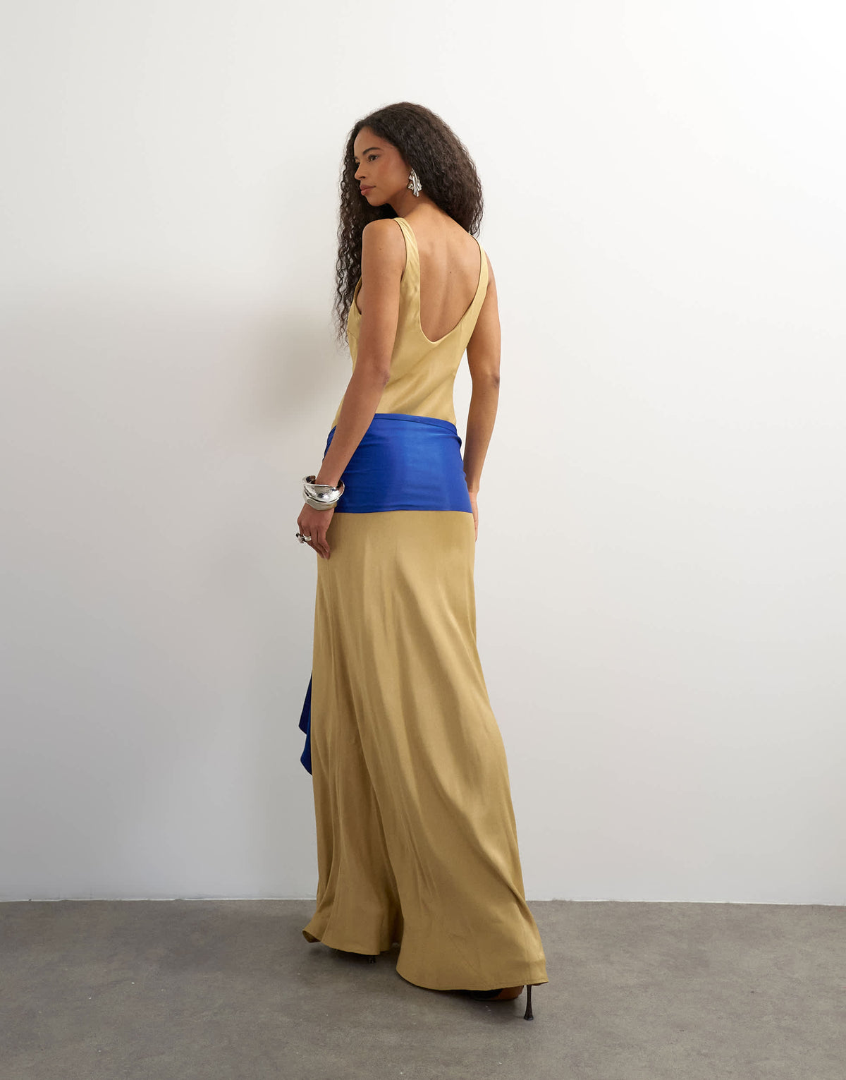 Topshop satin dropped waist maxi dress with contrast tie belt in gold and blue