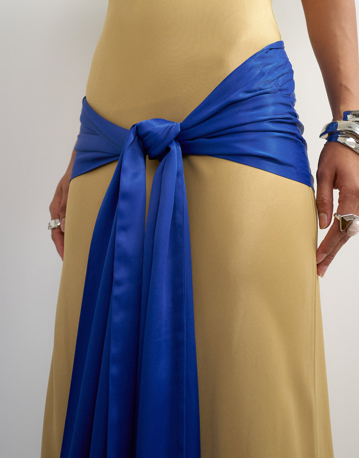 Topshop satin dropped waist maxi dress with contrast tie belt in gold and blue