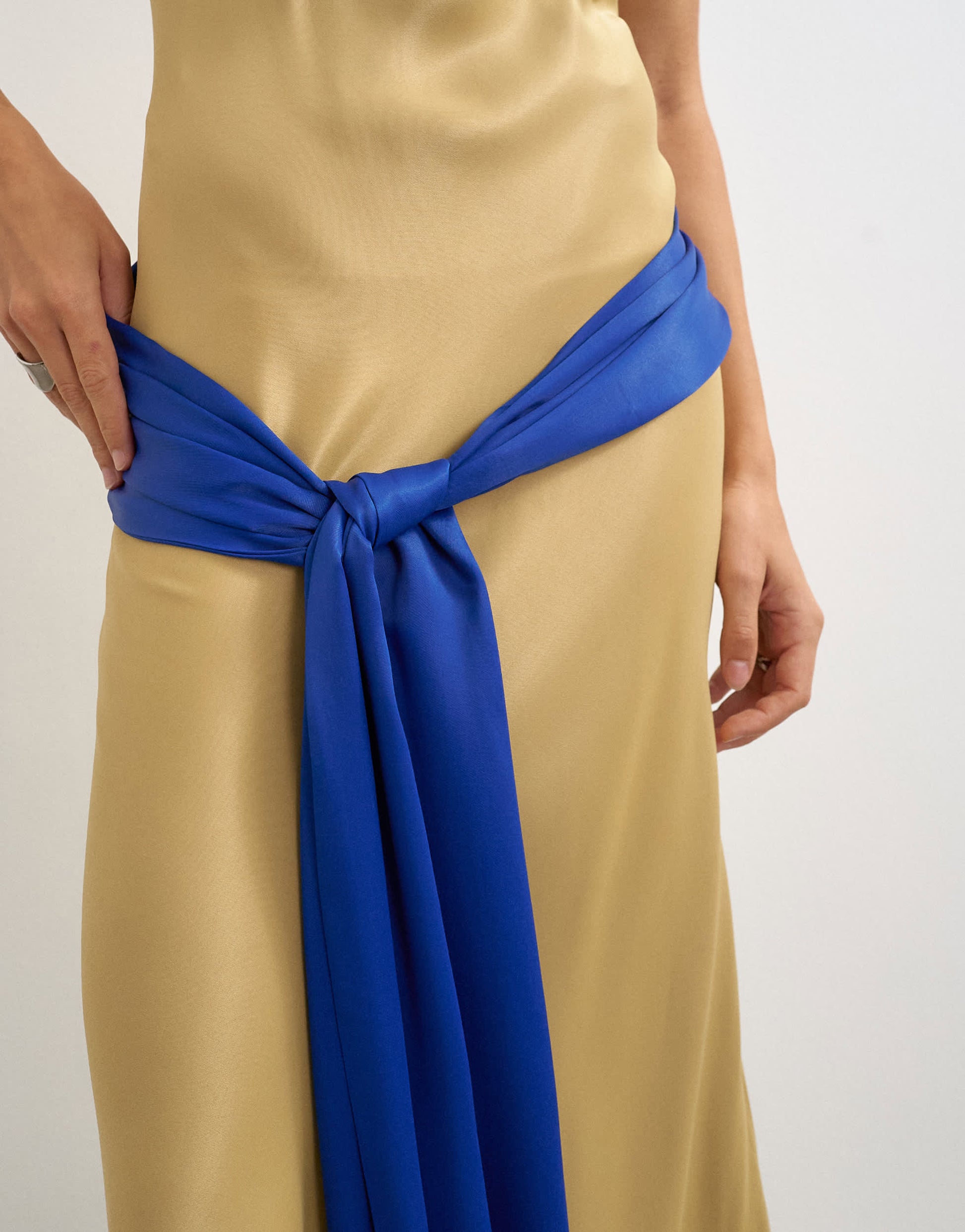Topshop satin dropped waist maxi dress with contrast tie belt in gold and blue