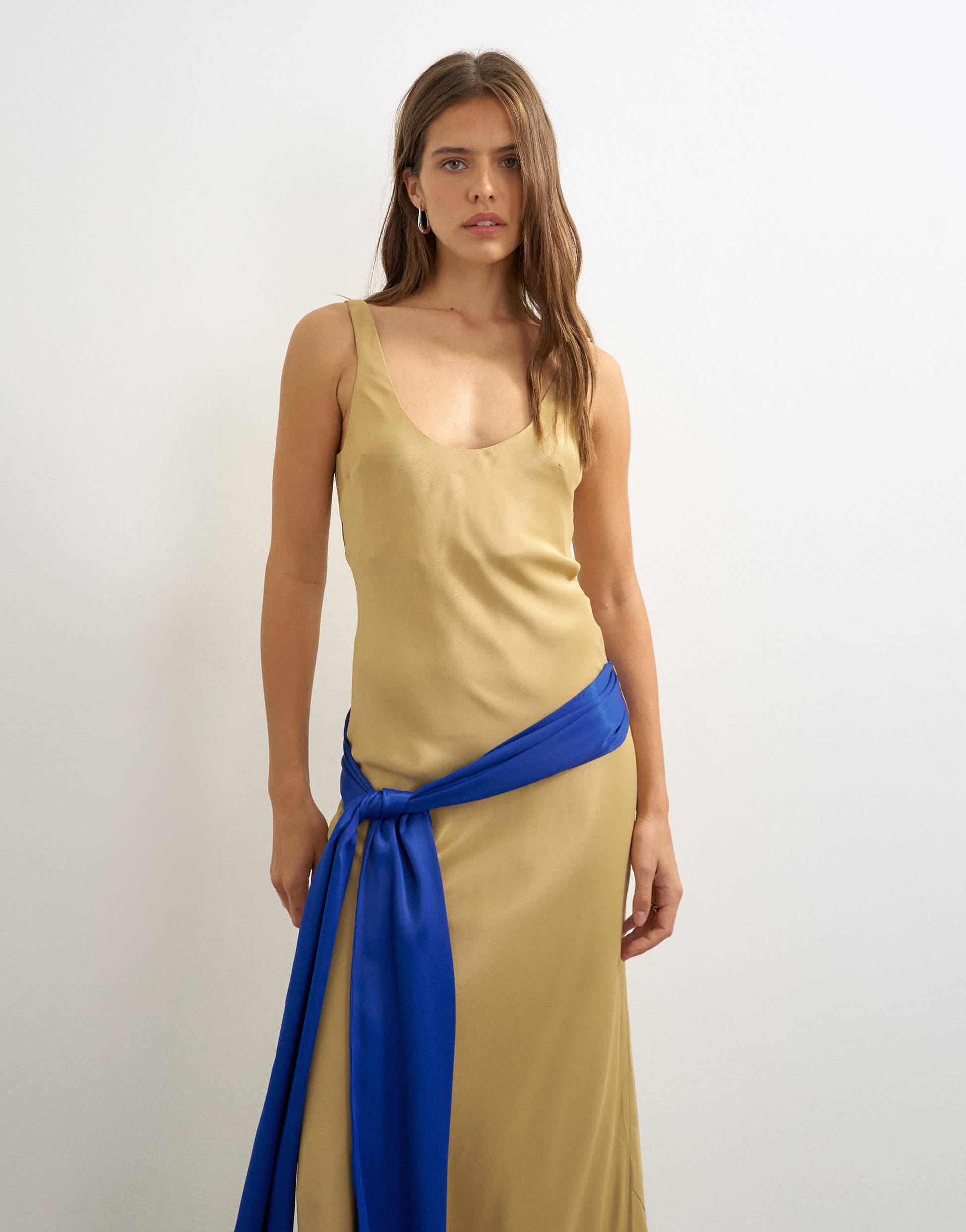 Topshop satin dropped waist maxi dress with contrast tie belt in gold and blue