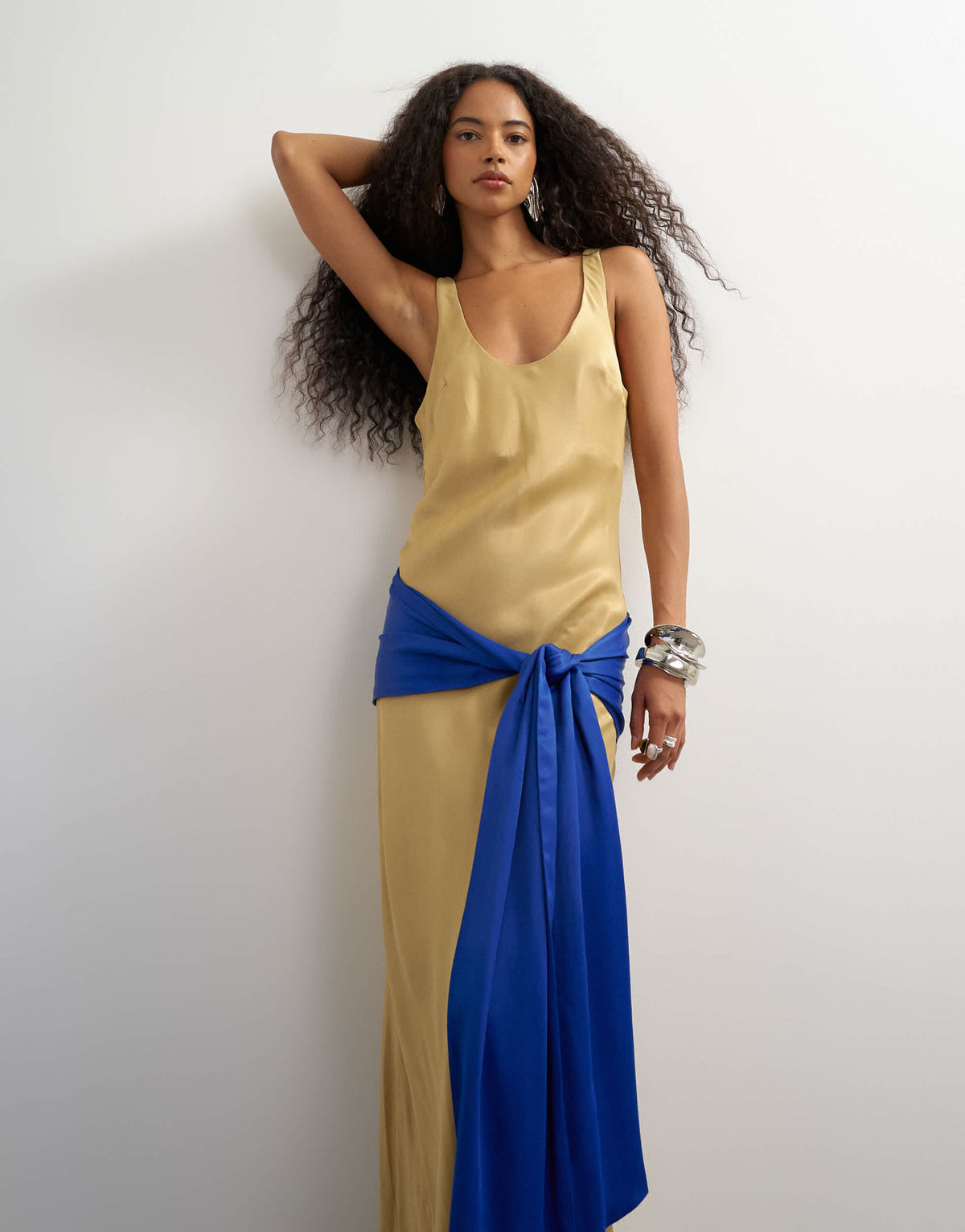 Topshop satin dropped waist maxi dress with contrast tie belt in gold and blue