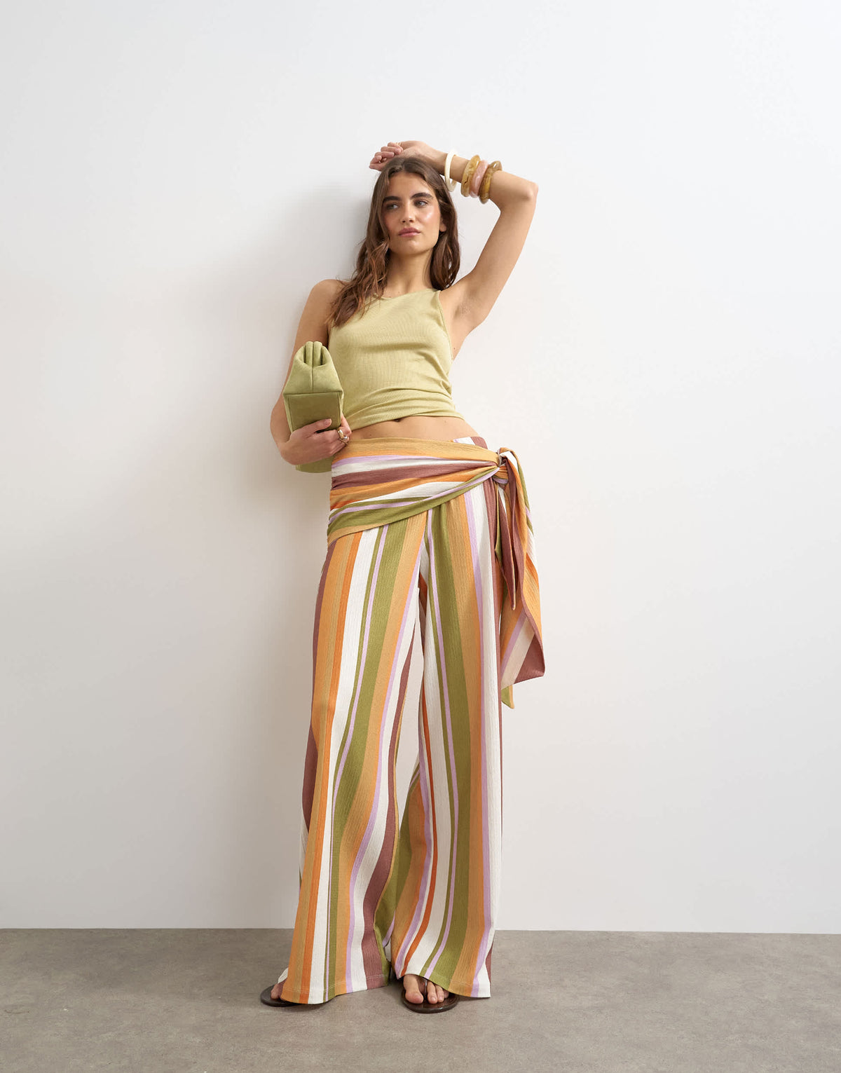 Topshop stripe plisse wrap scarf detail trousers in brown