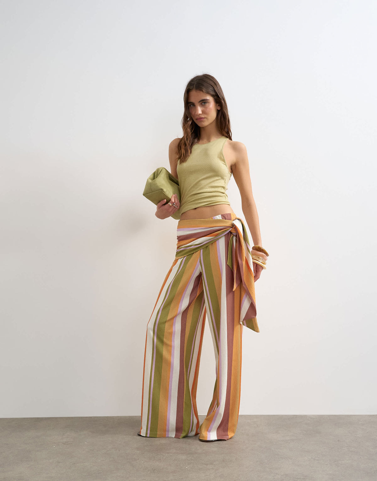 Topshop stripe plisse wrap scarf detail trousers in brown