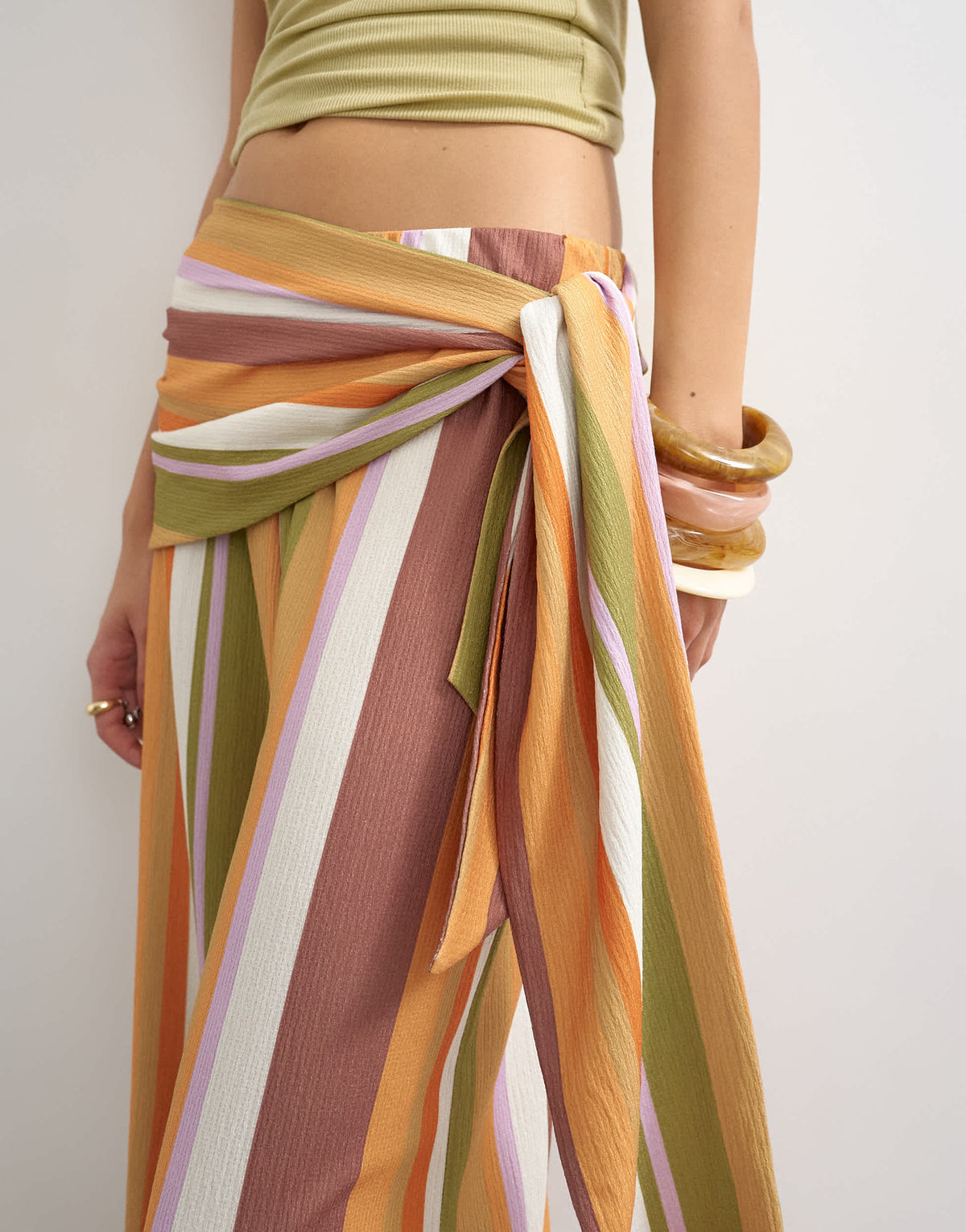 Topshop stripe plisse wrap scarf detail trousers in brown