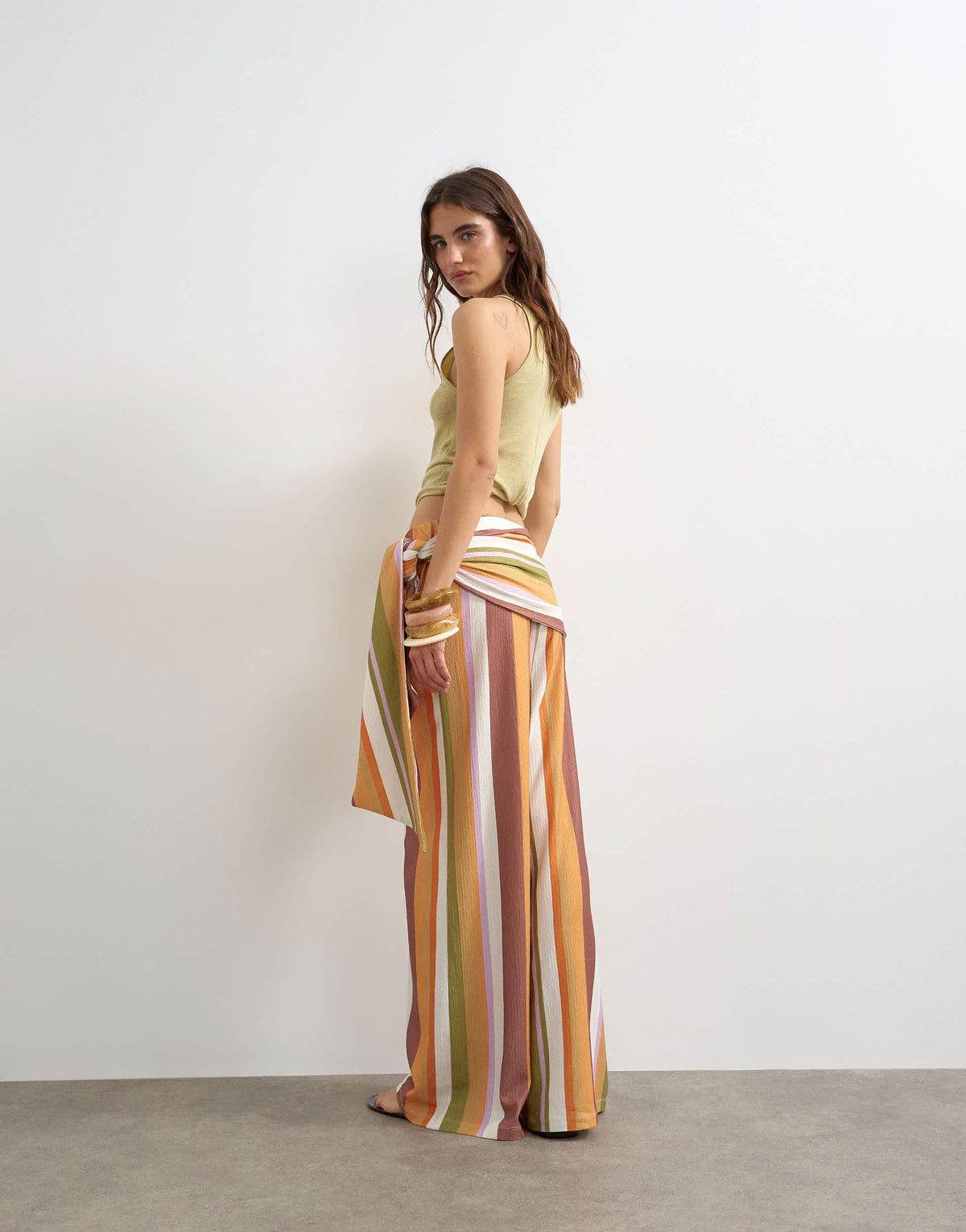 Topshop stripe plisse wrap scarf detail trousers in brown