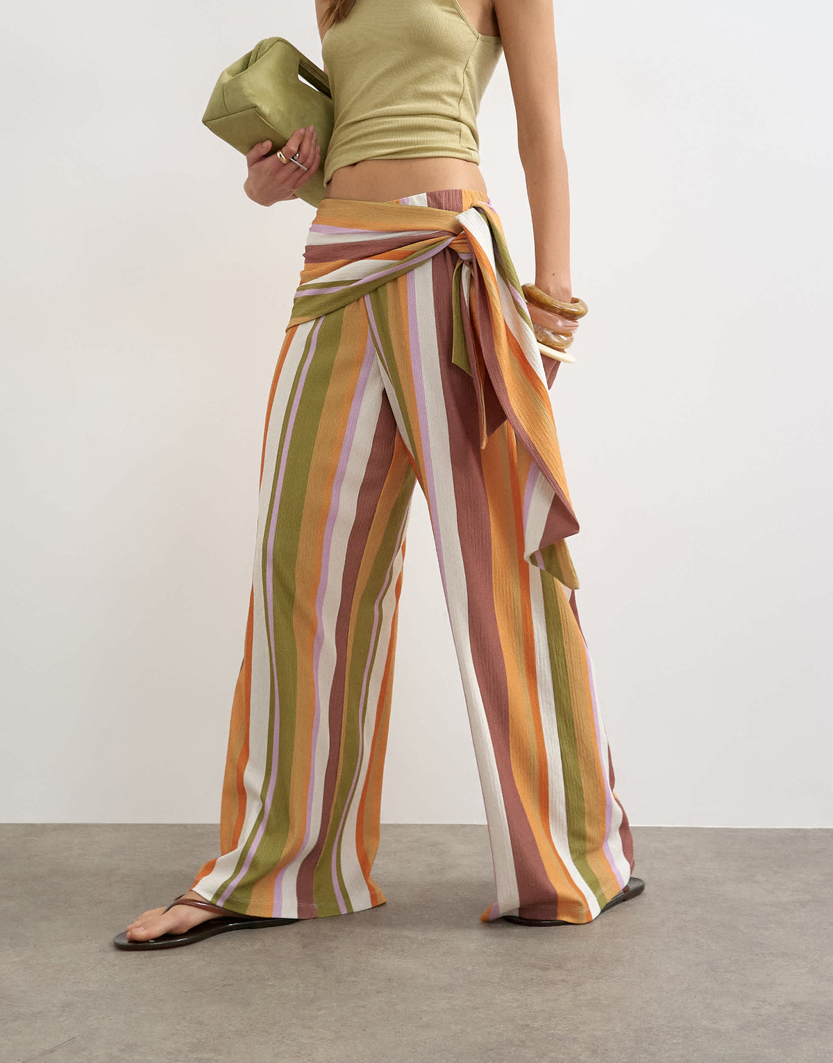 Topshop stripe plisse wrap scarf detail trousers in brown