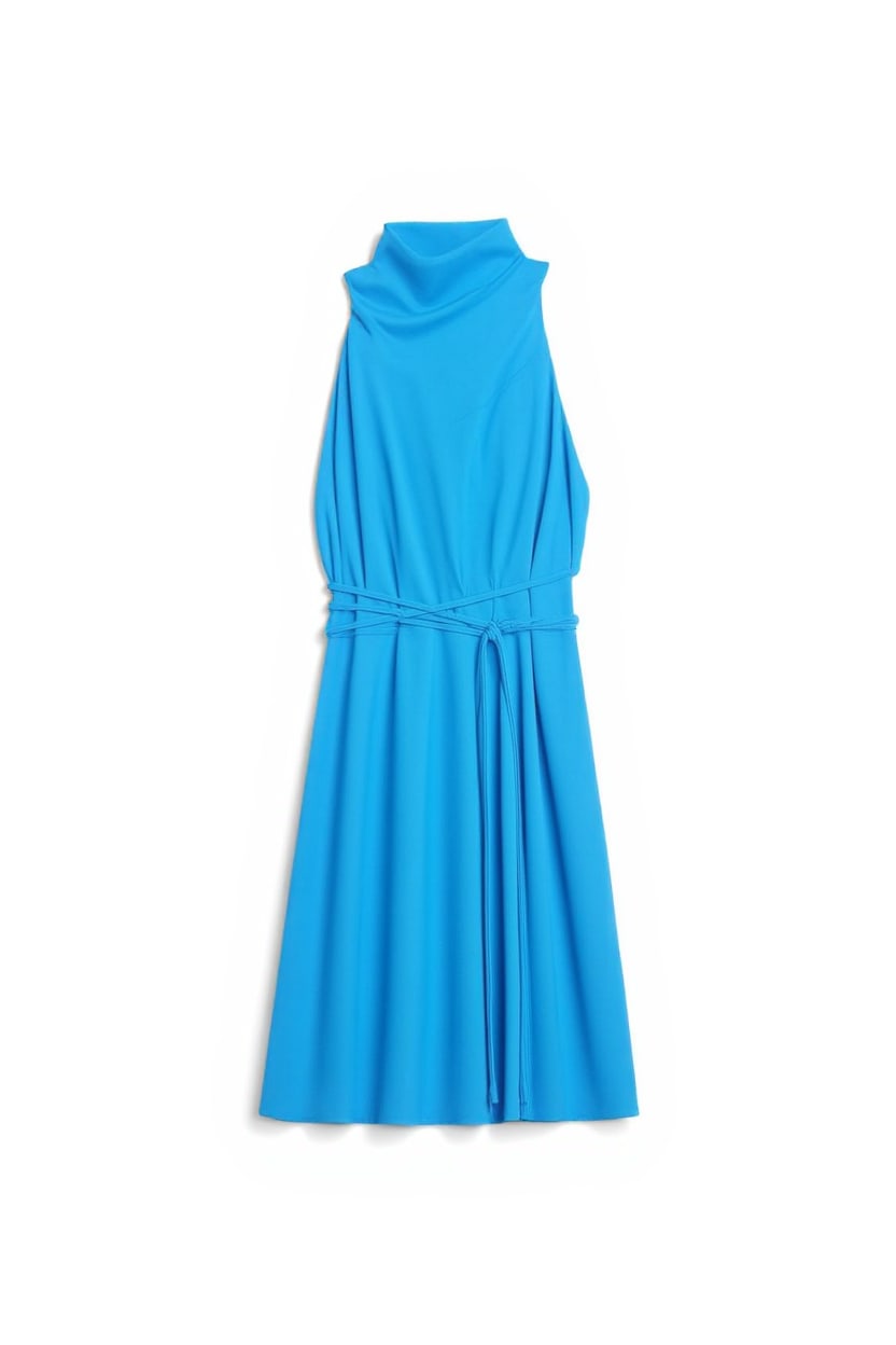 Topshop heavy crepe high cowl neck mini dress with tie waist in cornflower blue