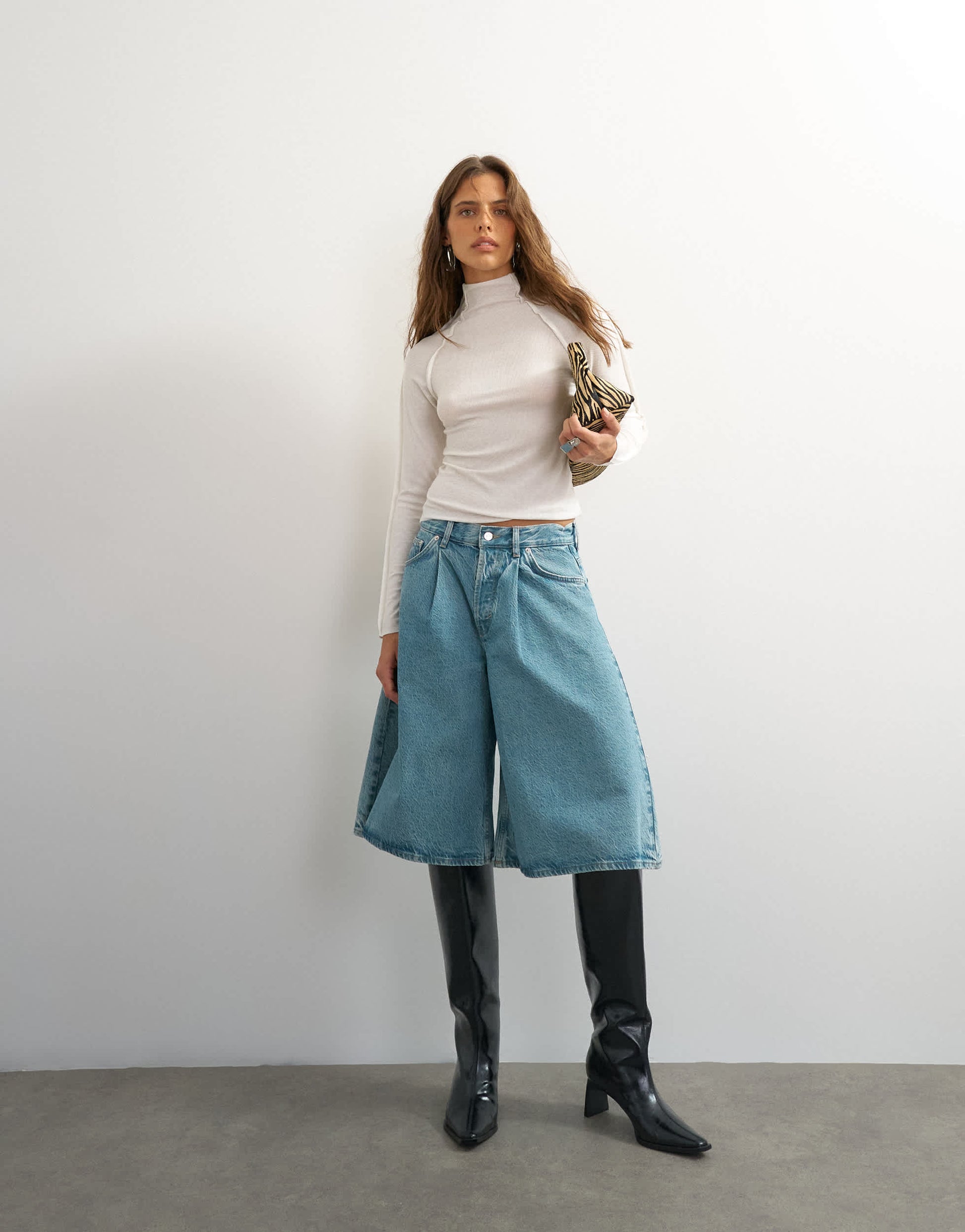 Topshop X Cara denim ultra-wide pleated culotte in light green cast