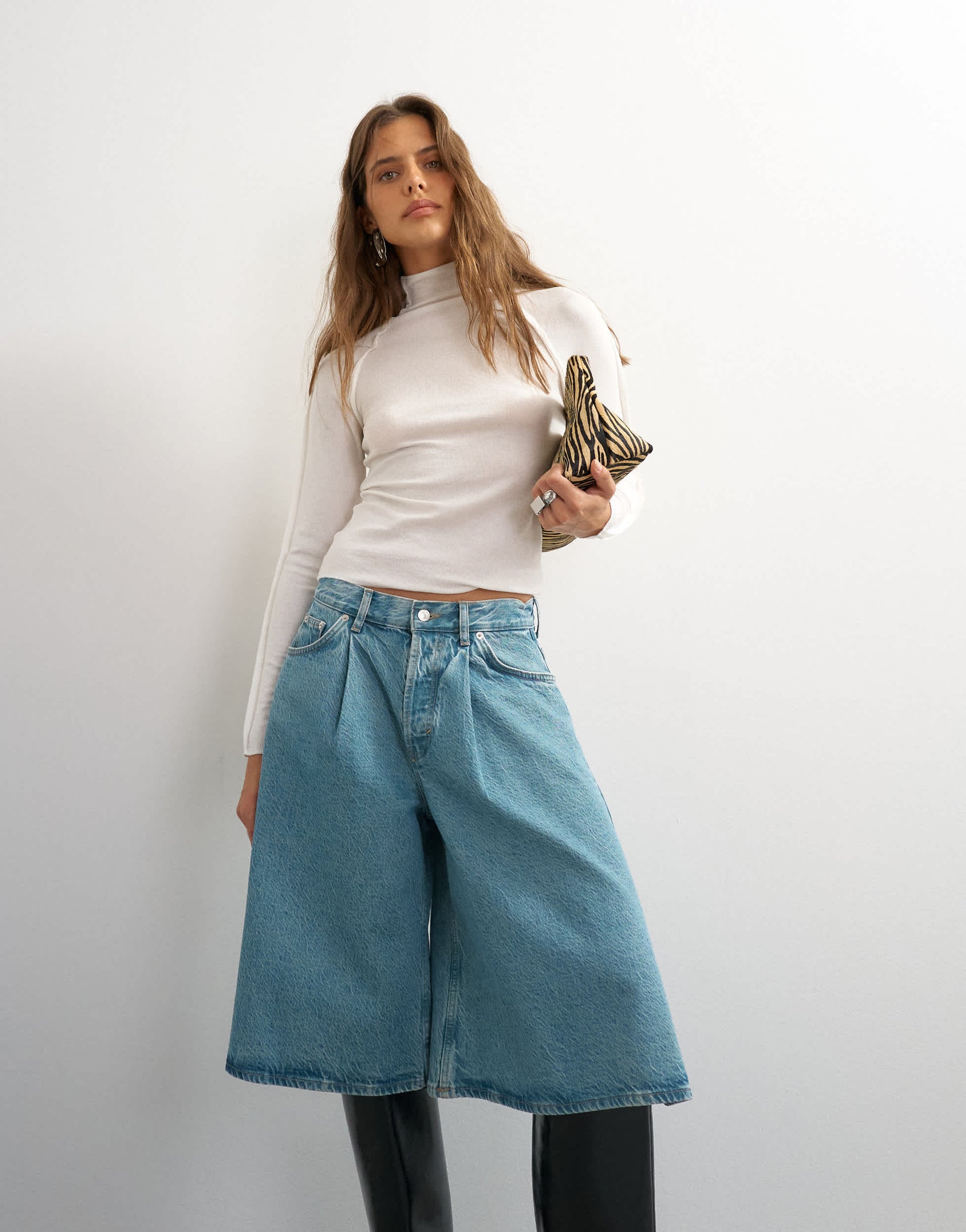 Topshop X Cara denim ultra-wide pleated culotte in light green cast