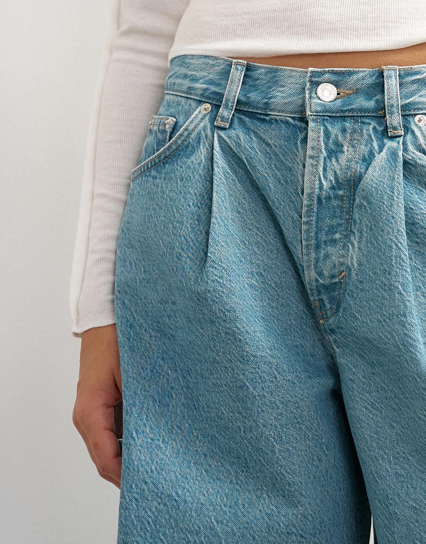 Topshop X Cara denim ultra-wide pleated culotte in light green cast