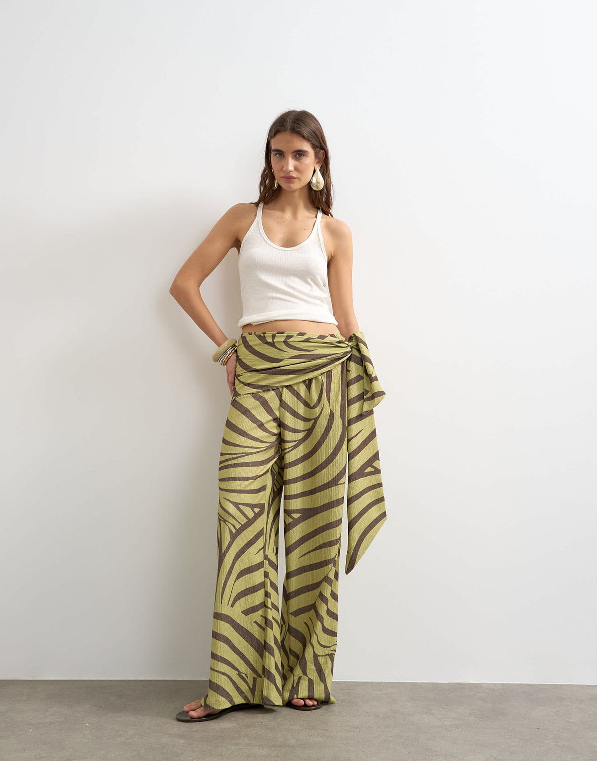 Topshop animal plisse wrap scarf detail trousers in green