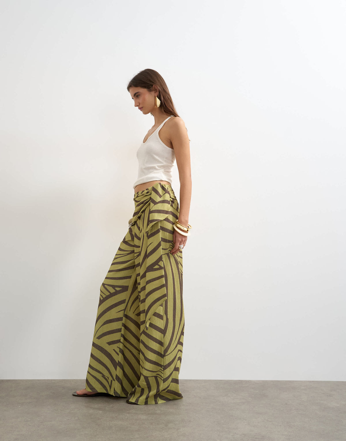 Topshop animal plisse wrap scarf detail trousers in green