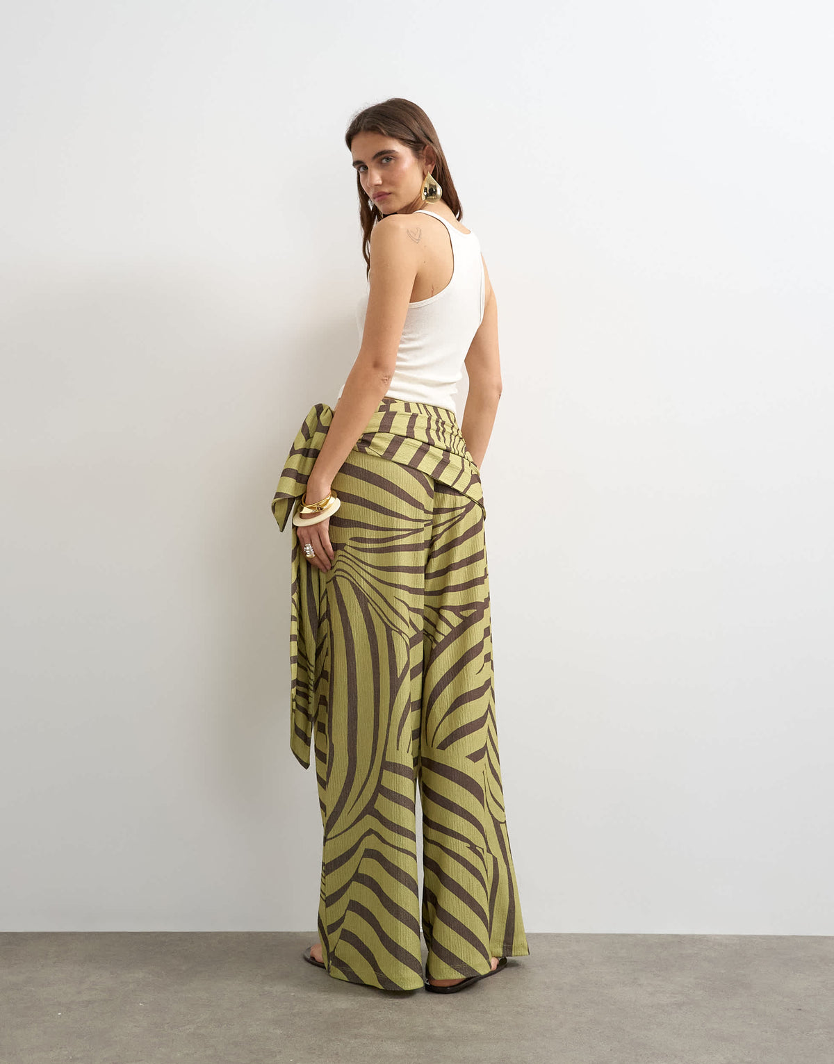 Topshop animal plisse wrap scarf detail trousers in green