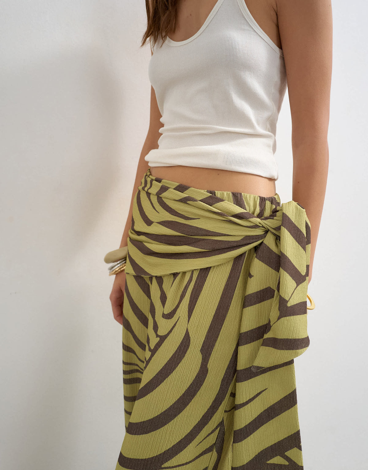 Topshop animal plisse wrap scarf detail trousers in green