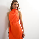 Topshop heavy crepe high cowl neck mini dress with tie waist in orange
