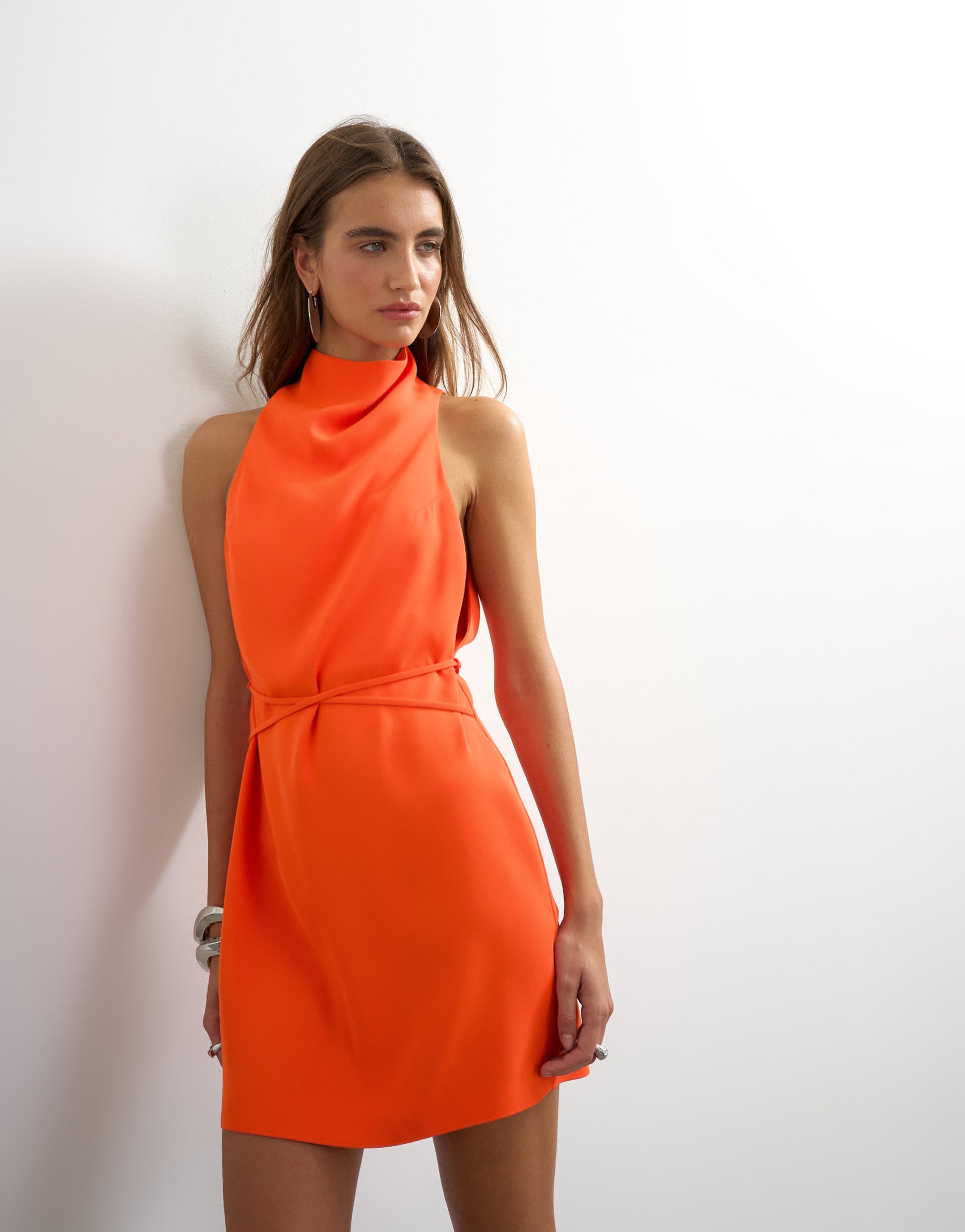 Topshop heavy crepe high cowl neck mini dress with tie waist in orange
