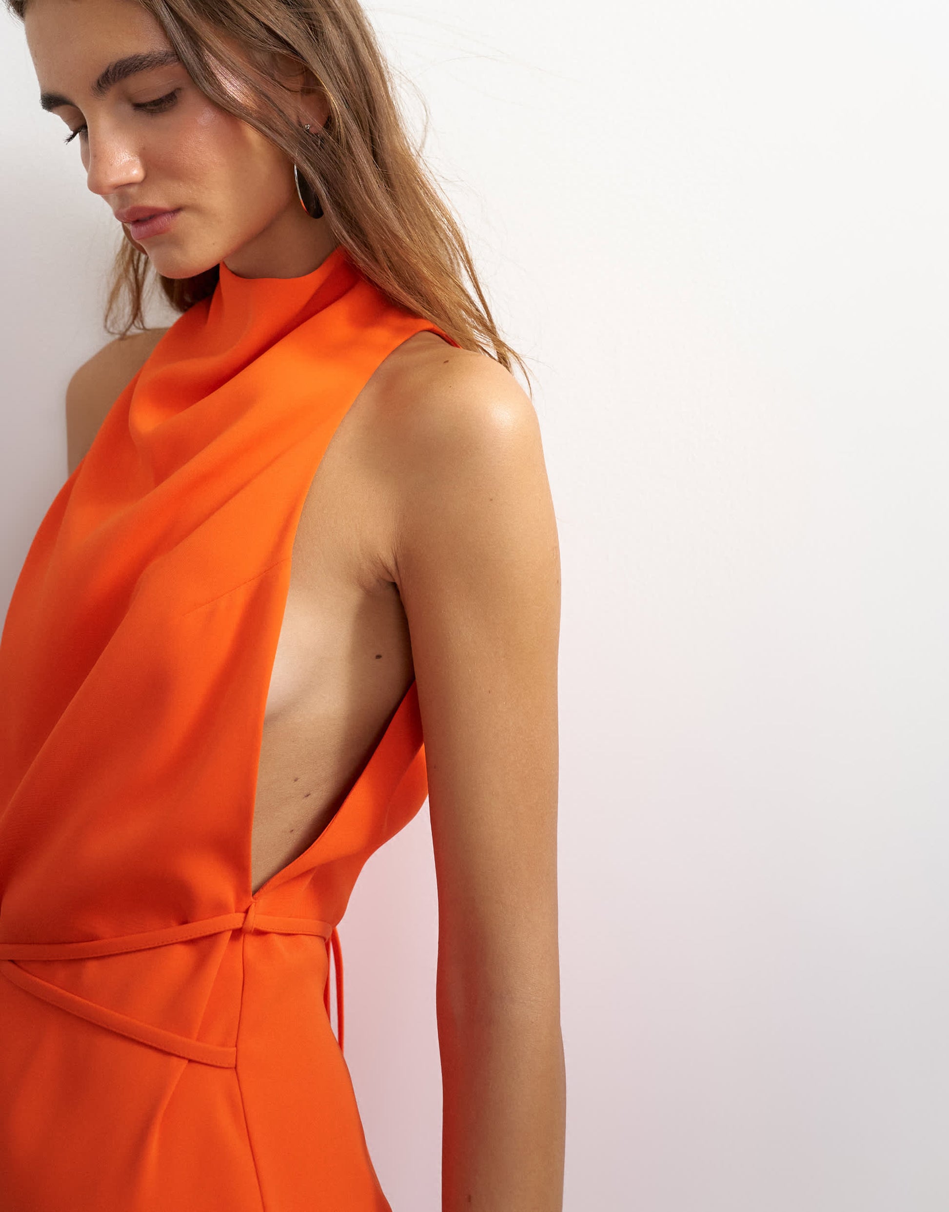 Topshop heavy crepe high cowl neck mini dress with tie waist in orange