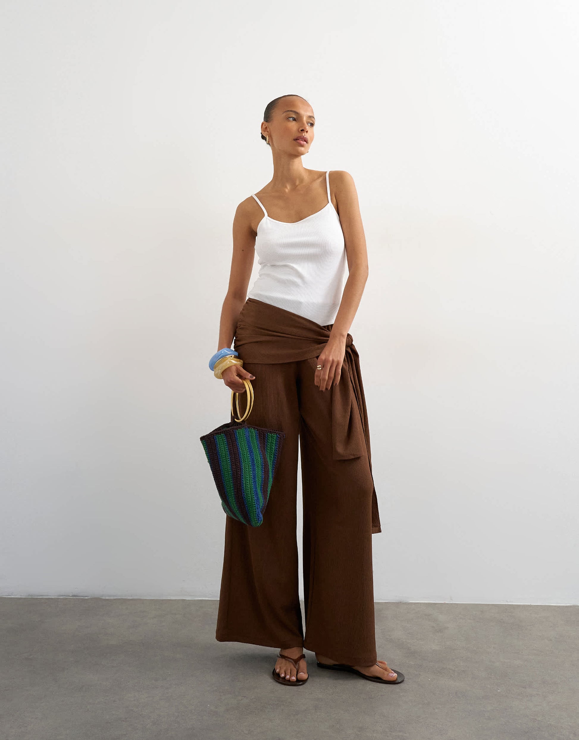 Topshop plisse wrap scarf detail trousers in chocolate