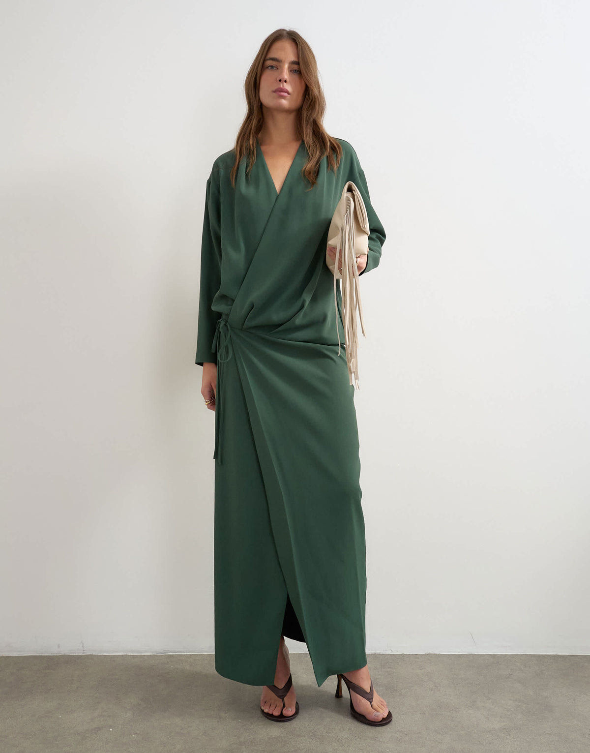 Topshop low cut tie waist blouson maxi dress in dark green