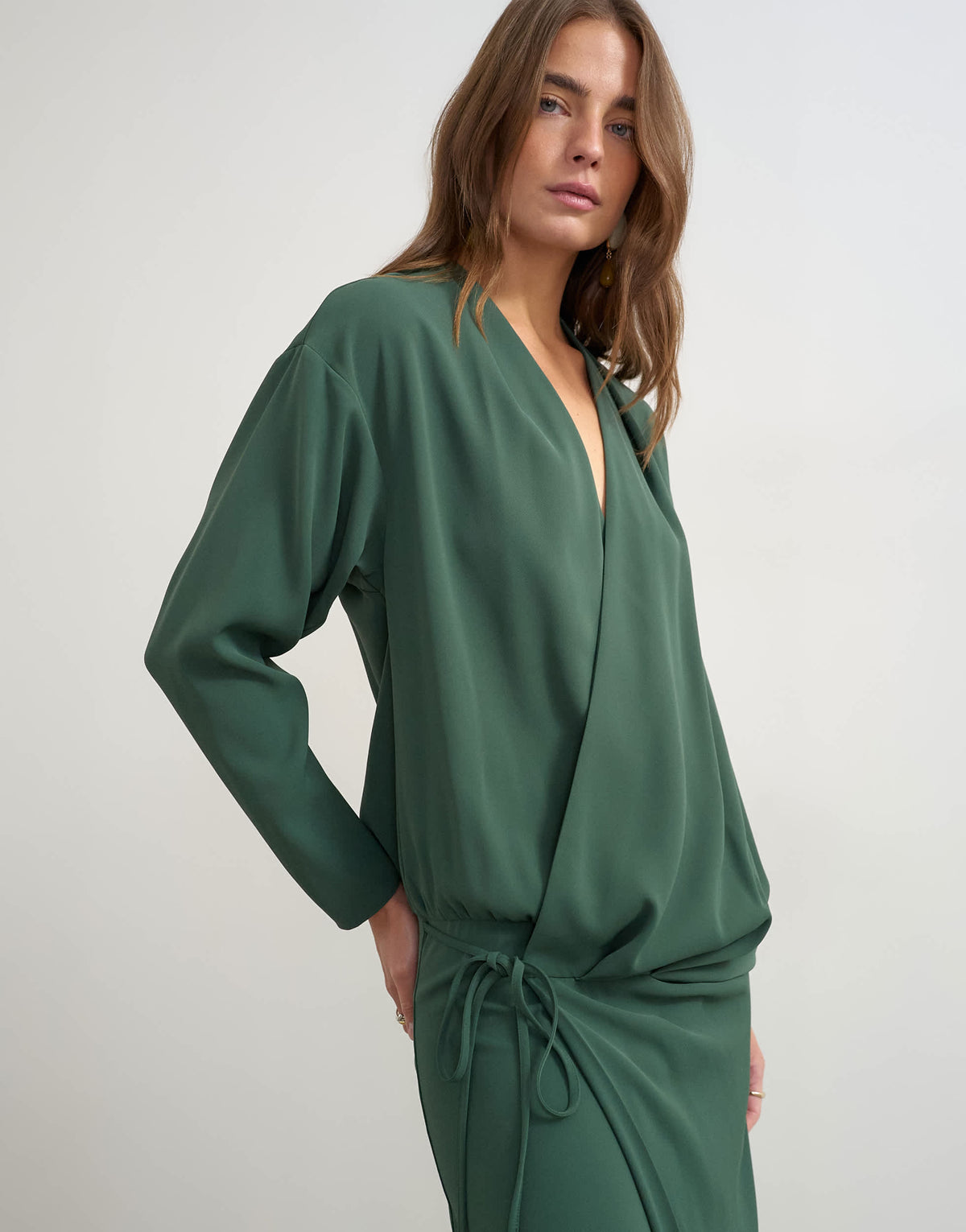 Topshop low cut tie waist blouson maxi dress in dark green