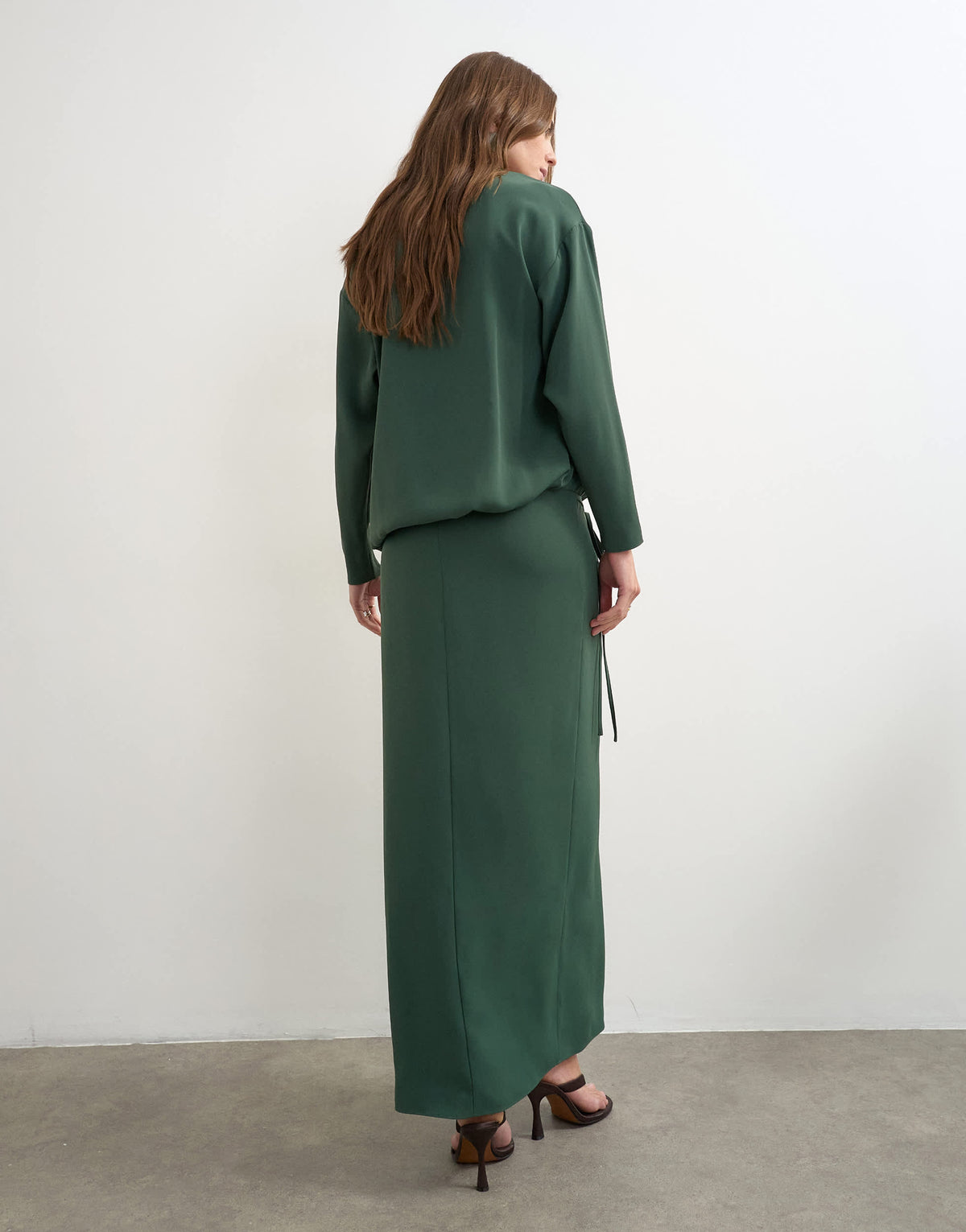 Topshop low cut tie waist blouson maxi dress in dark green