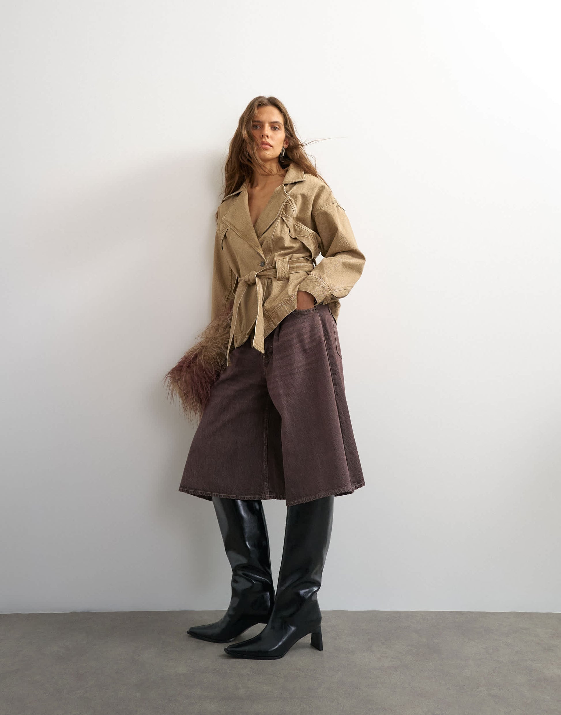 Topshop X Cara denim ultra-wide pleated culotte in taupe