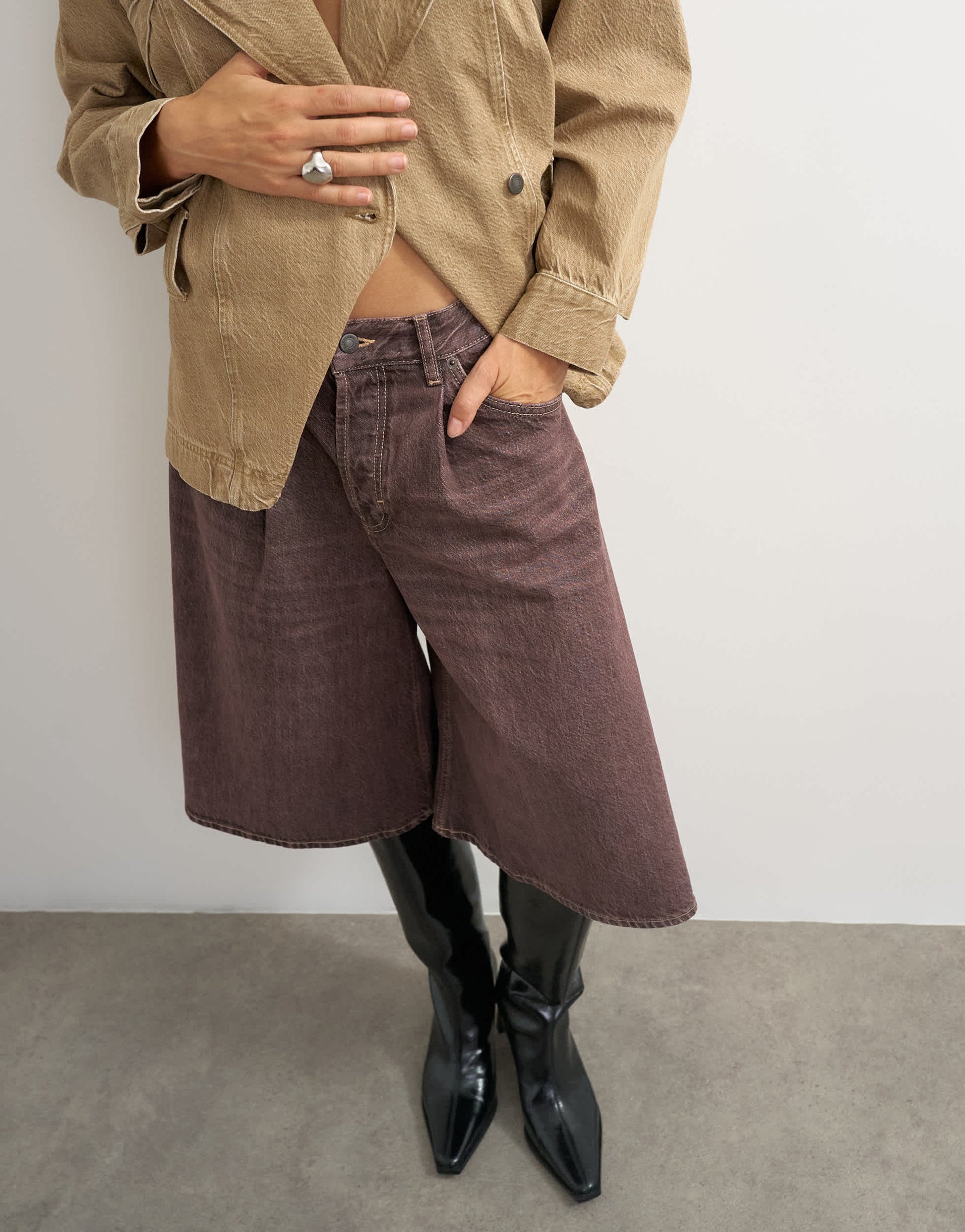 Topshop X Cara denim ultra-wide pleated culotte in taupe