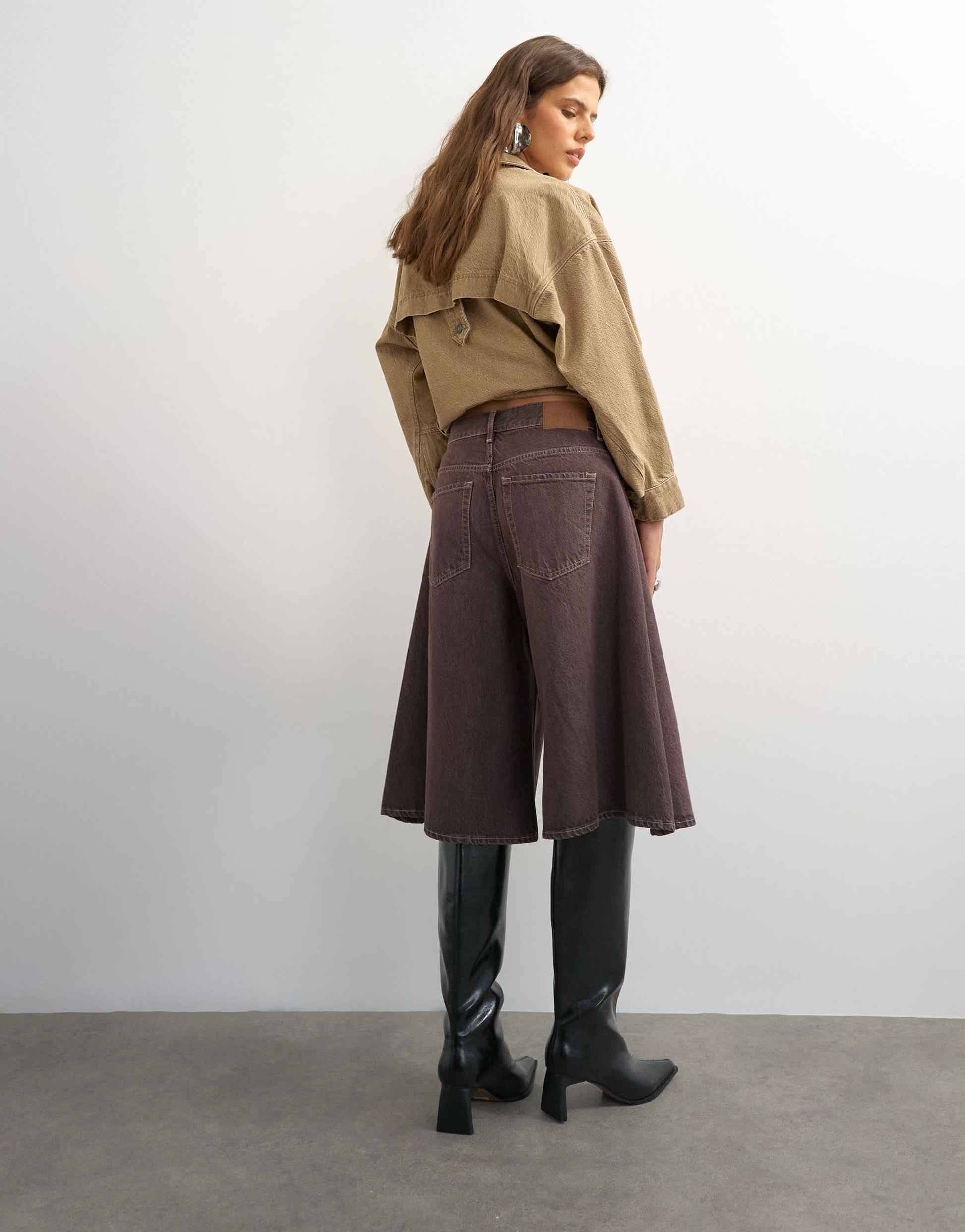 Topshop X Cara denim ultra-wide pleated culotte in taupe