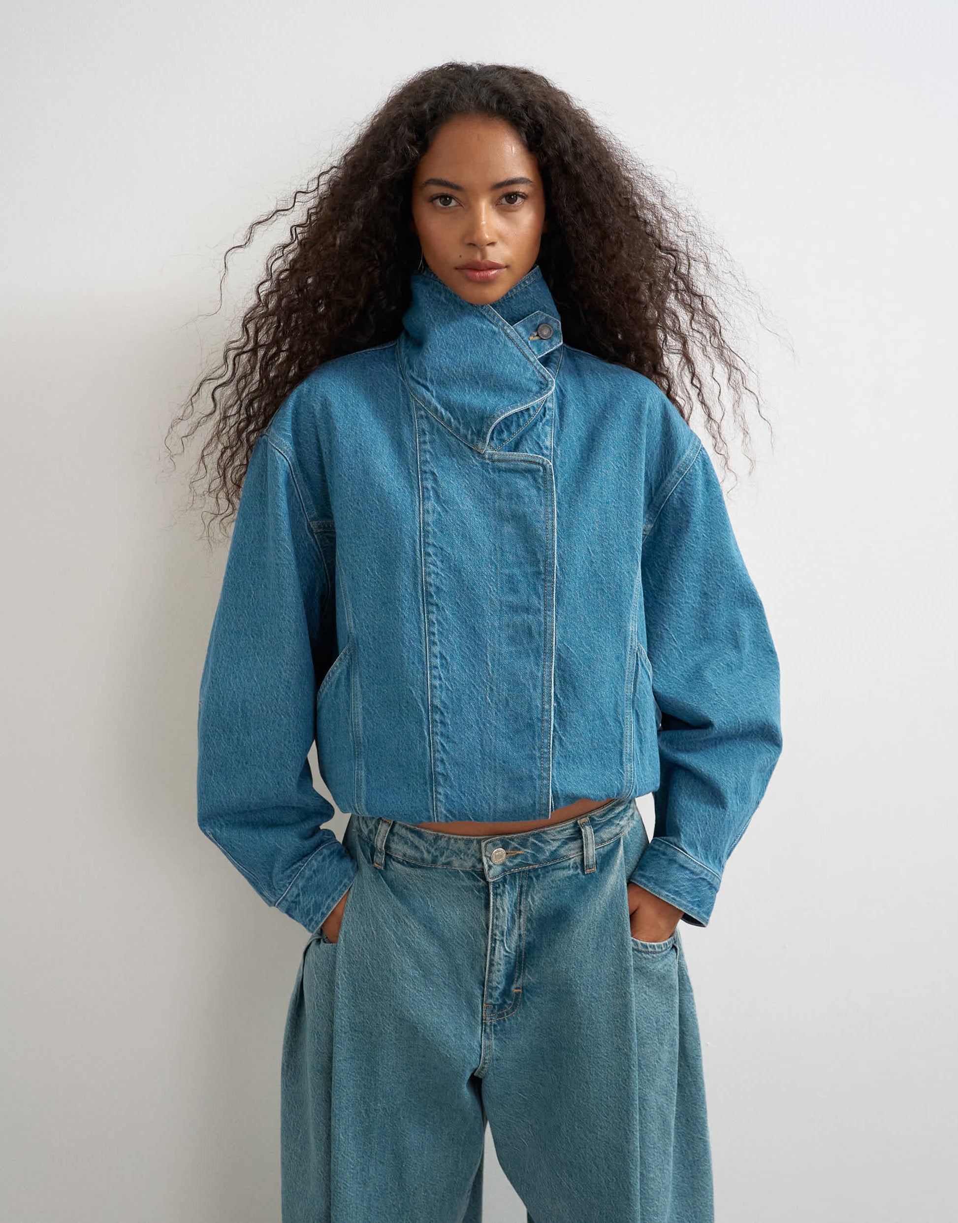 Topshop denim elastic waistband bomber jacket in mid green cast 