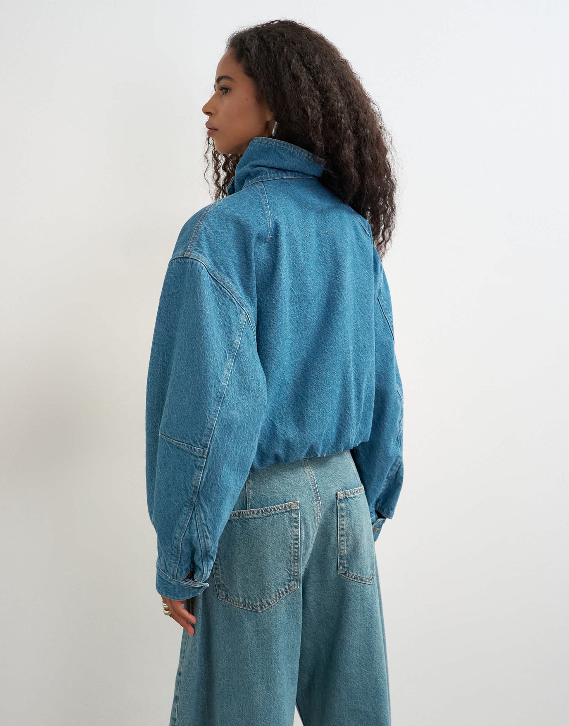 Topshop denim elastic waistband bomber jacket in mid green cast 