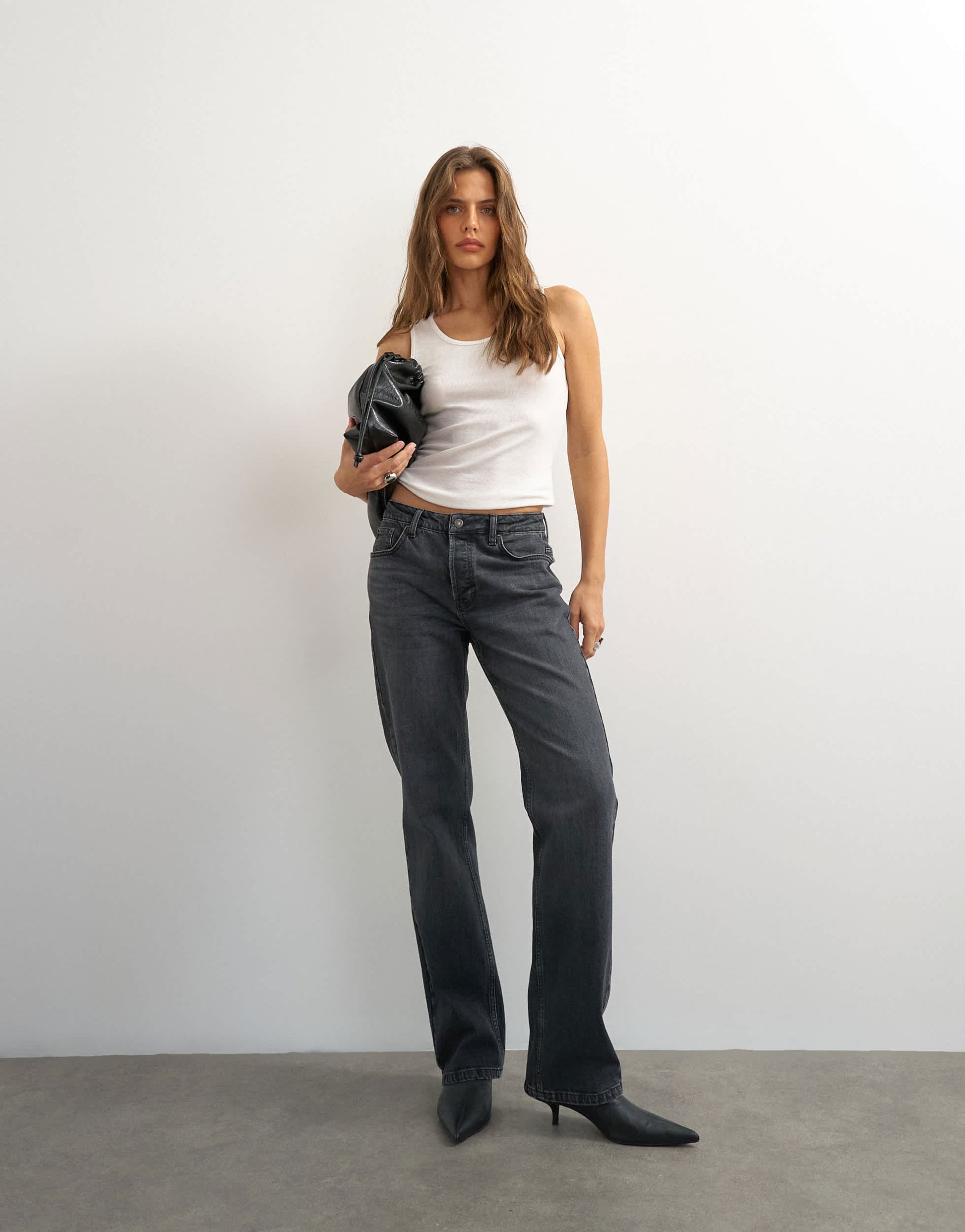 Topshop X Cara high rise slim straight jean in washed black