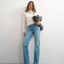 Topshop X Cara mid rise slim straight jean in green cast