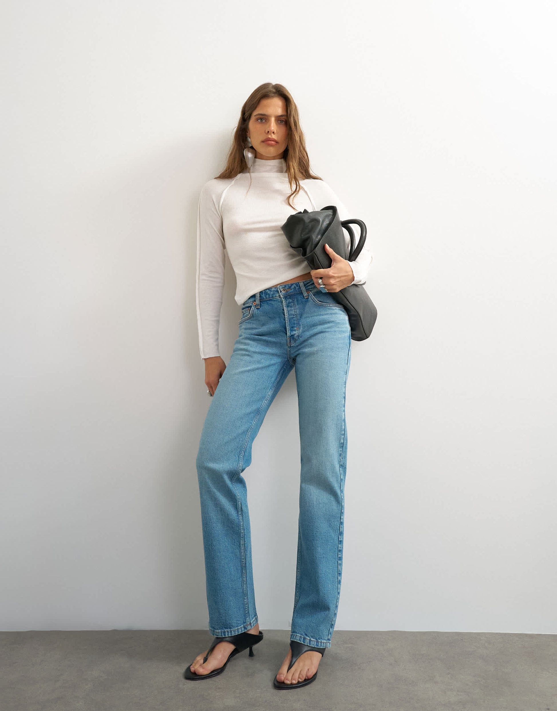 Topshop X Cara high rise slim straight jean in green cast
