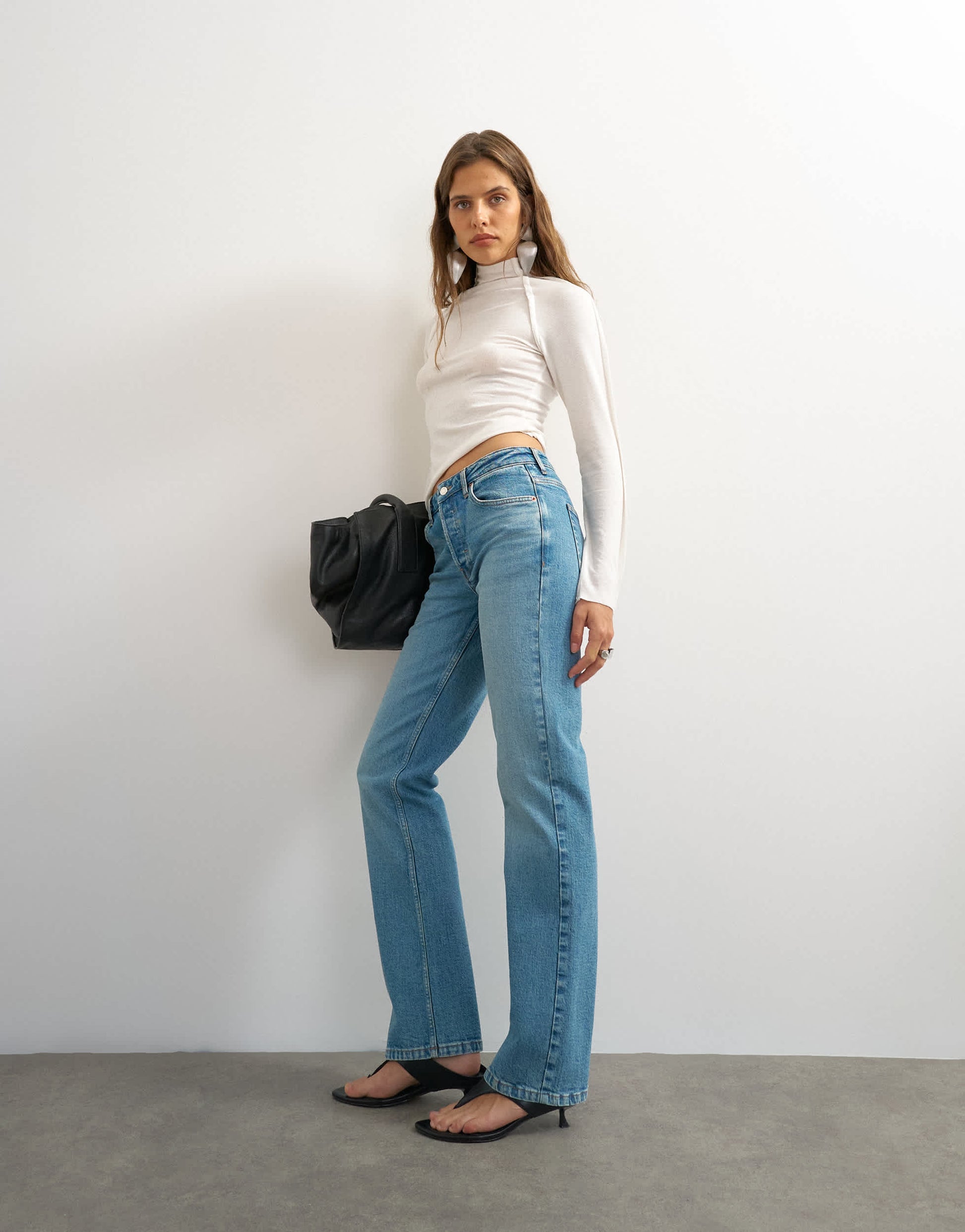 Topshop X Cara high rise slim straight jean in green cast