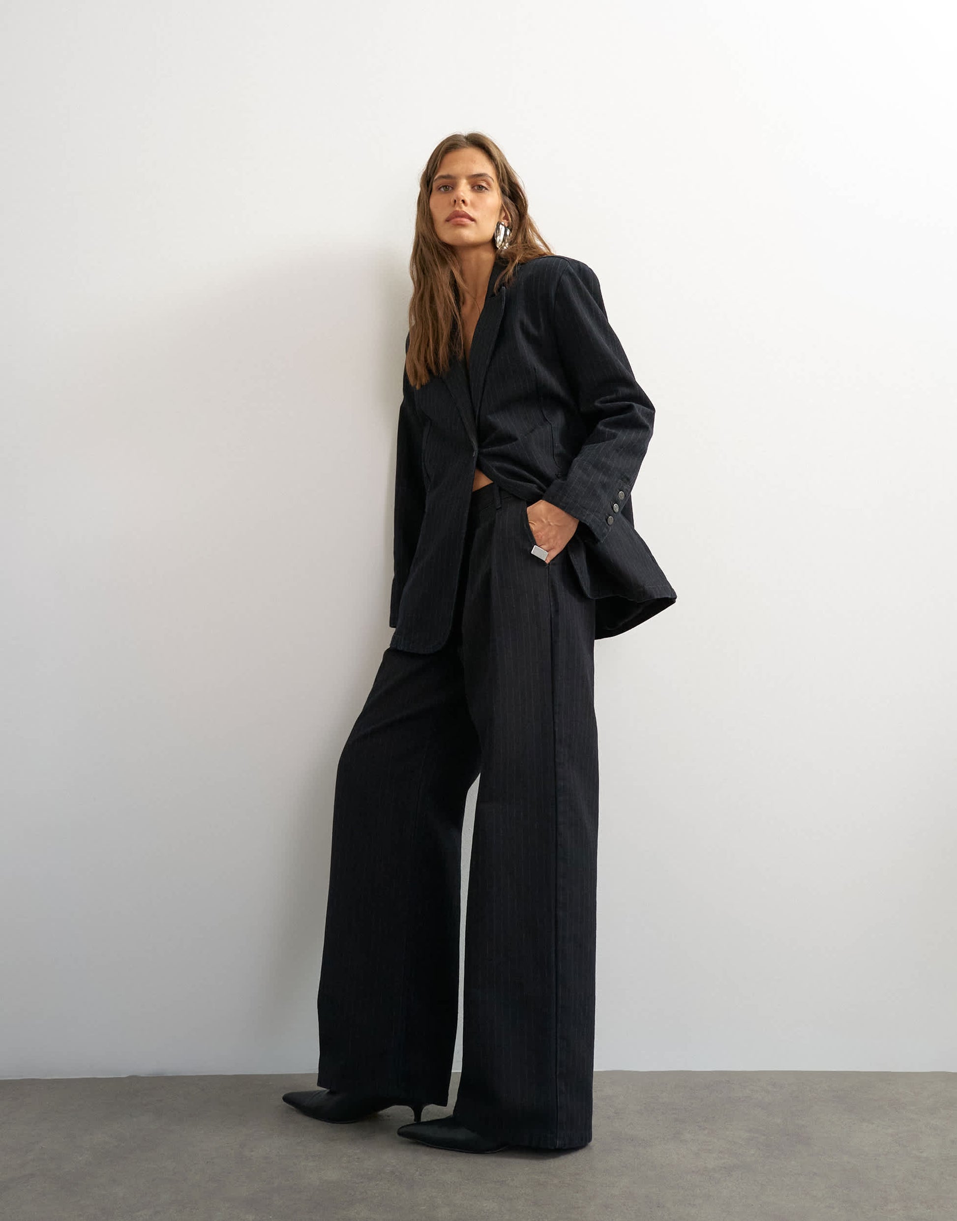Topshop X Cara wide leg pleated pinstripe denim co-ord trouser in indigo