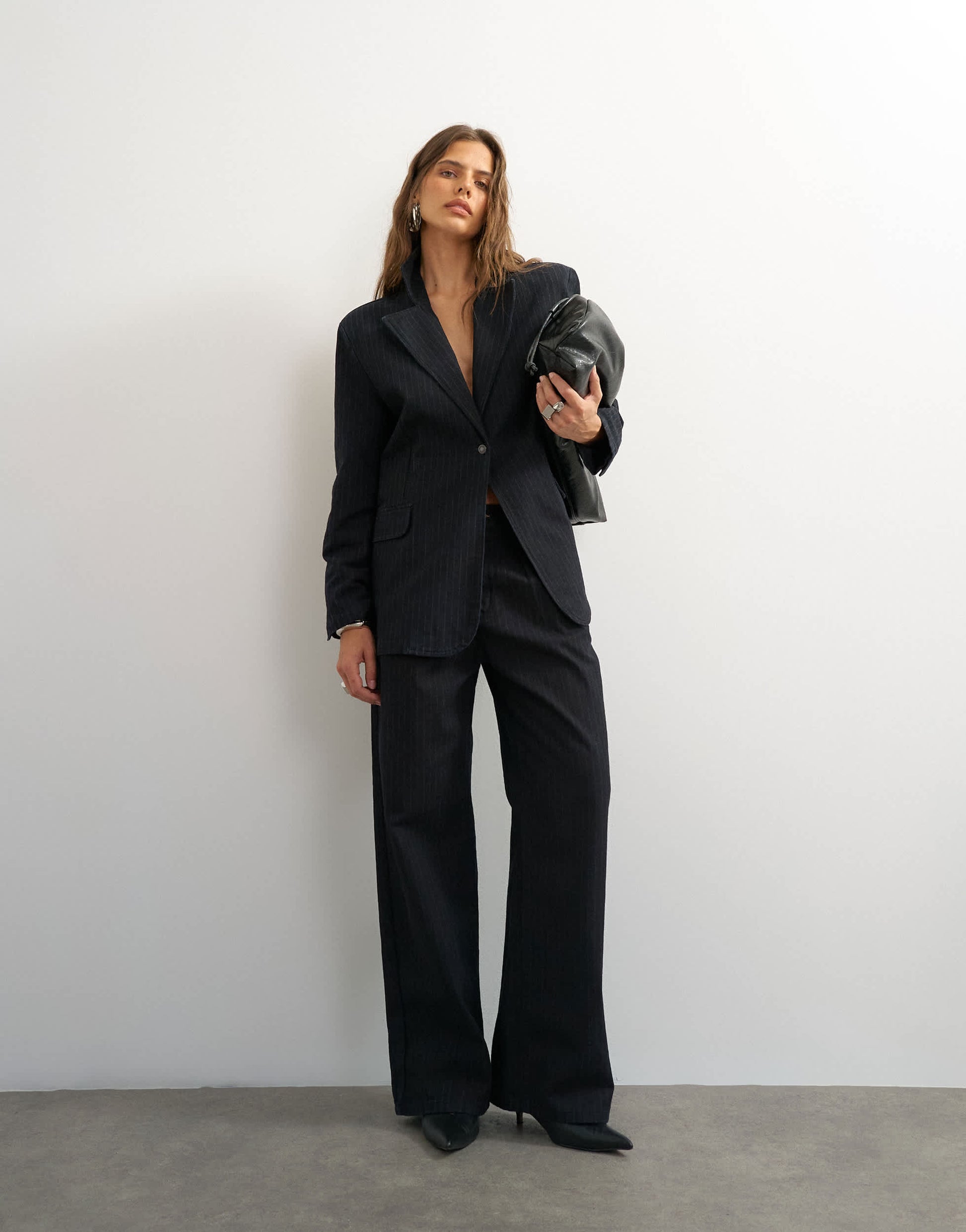 Topshop X Cara wide leg pleated pinstripe denim co-ord trouser in indigo