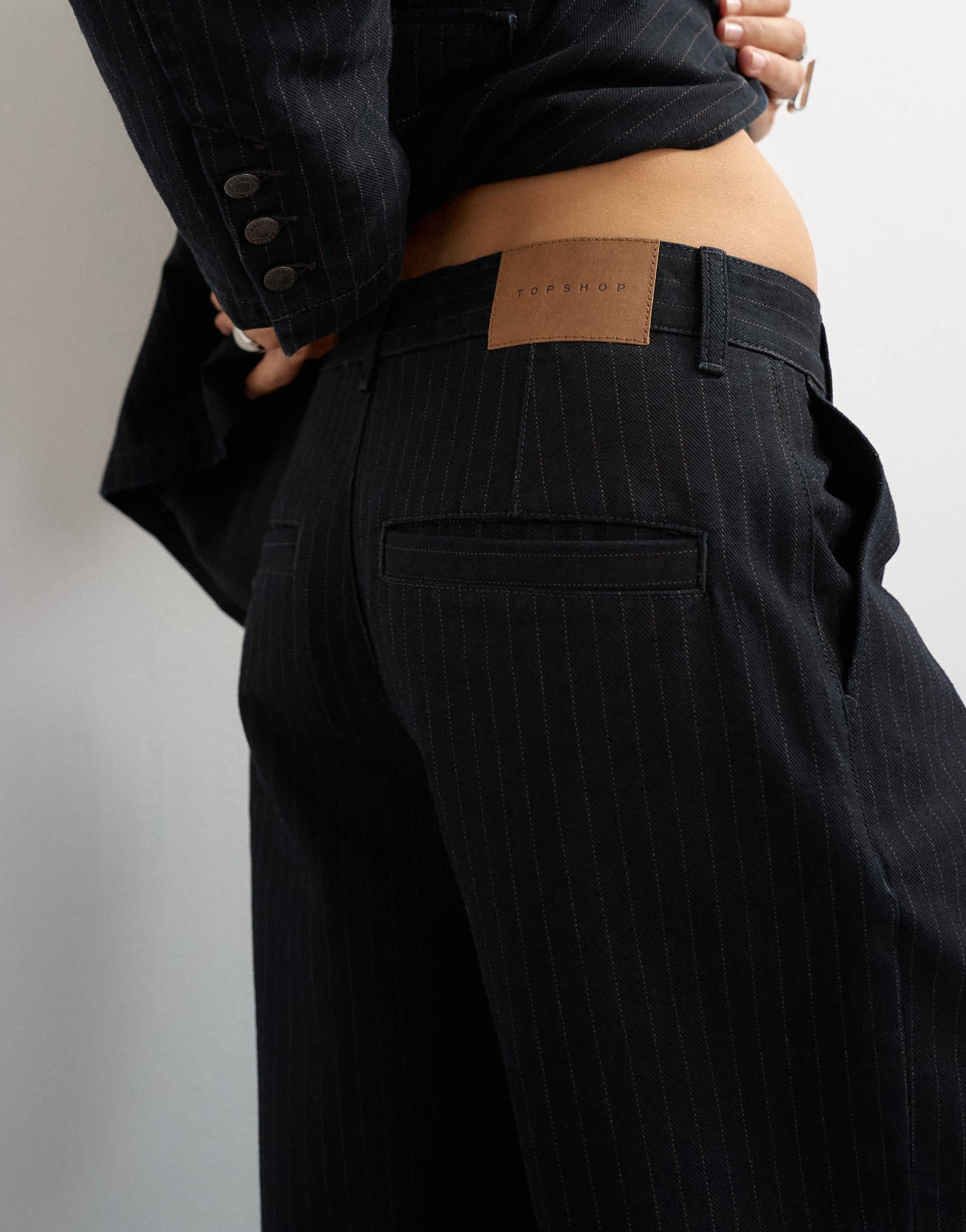 Topshop X Cara wide leg pleated pinstripe denim co-ord trouser in indigo