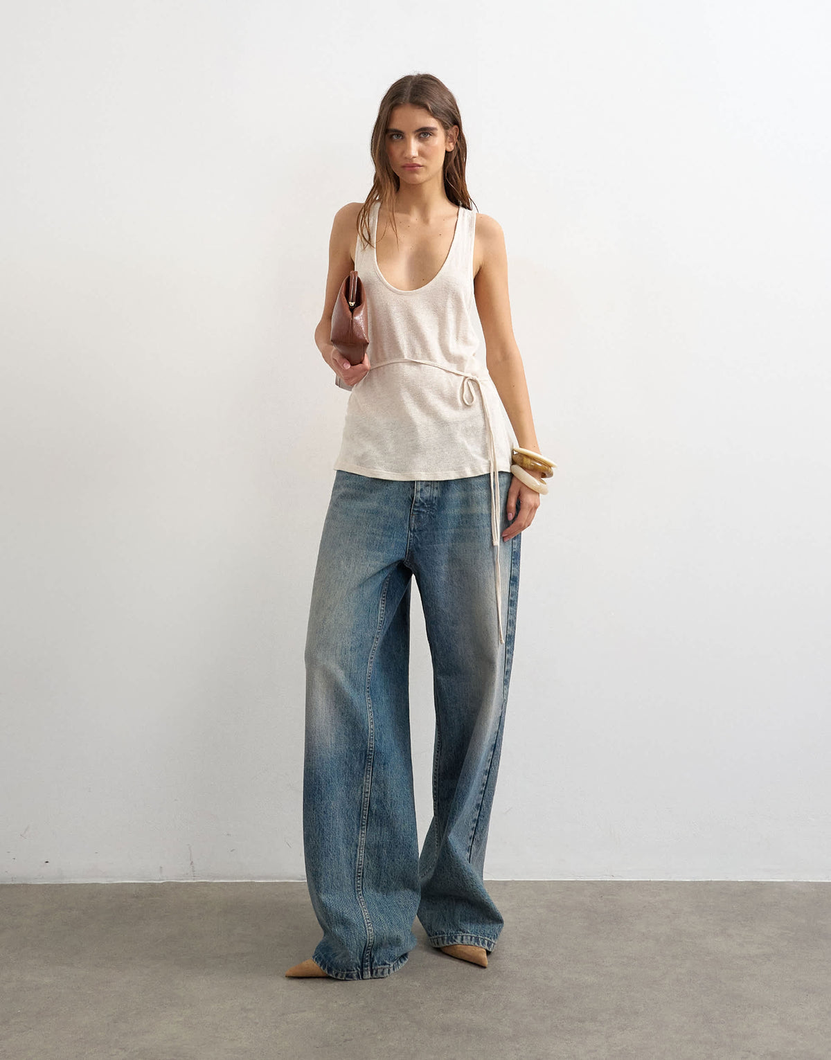 Topshop scoop neck ruched side linen look top in cream