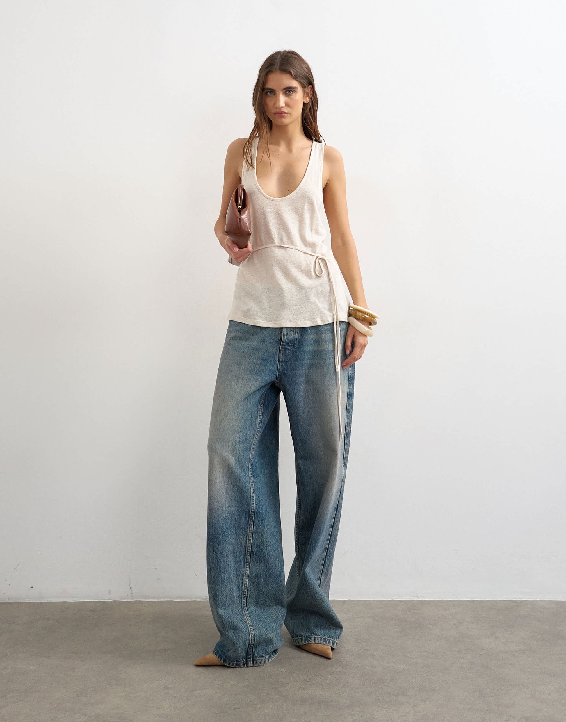 Topshop scoop neck ruched side linen look top in cream