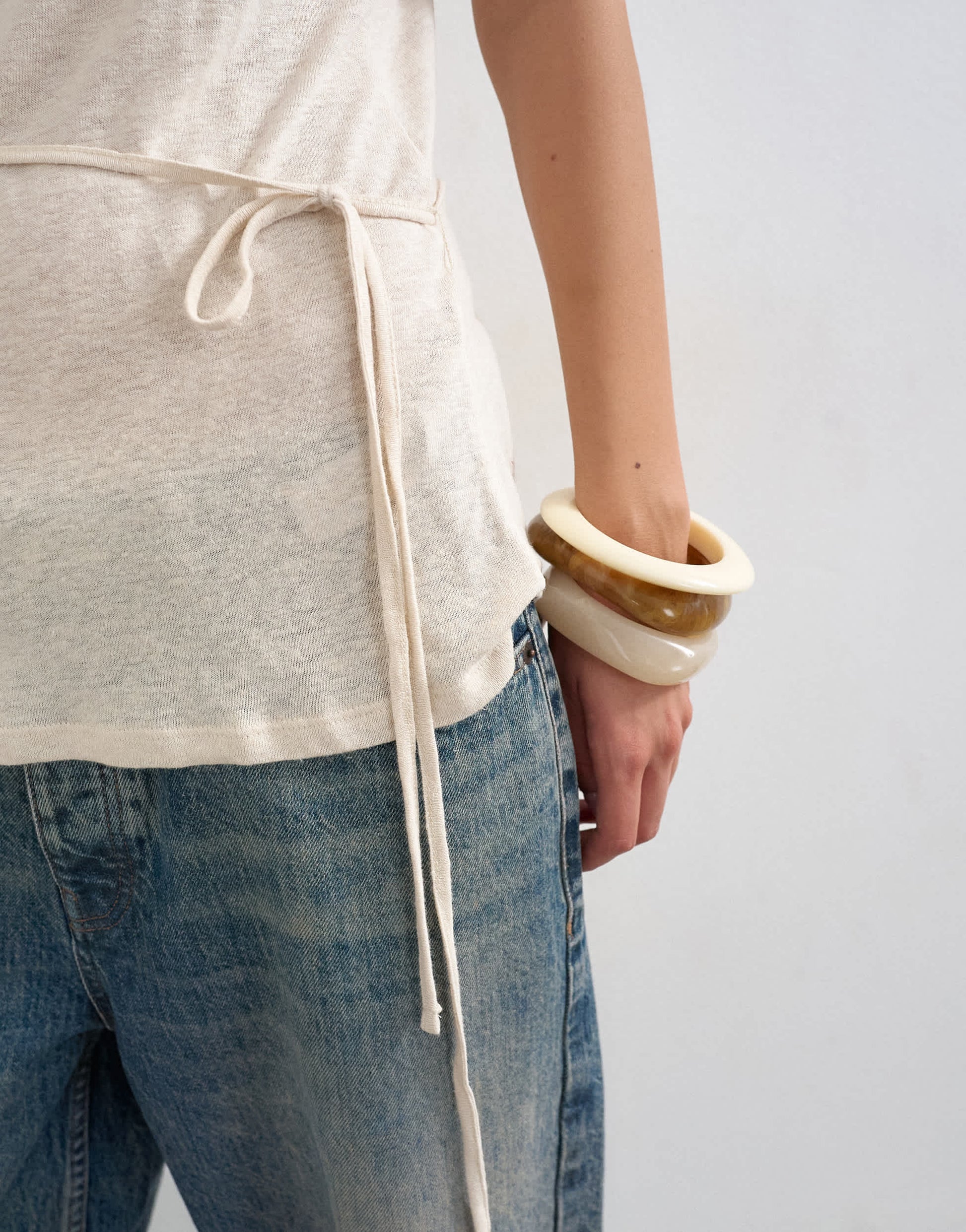 Topshop scoop neck ruched side linen look top in cream
