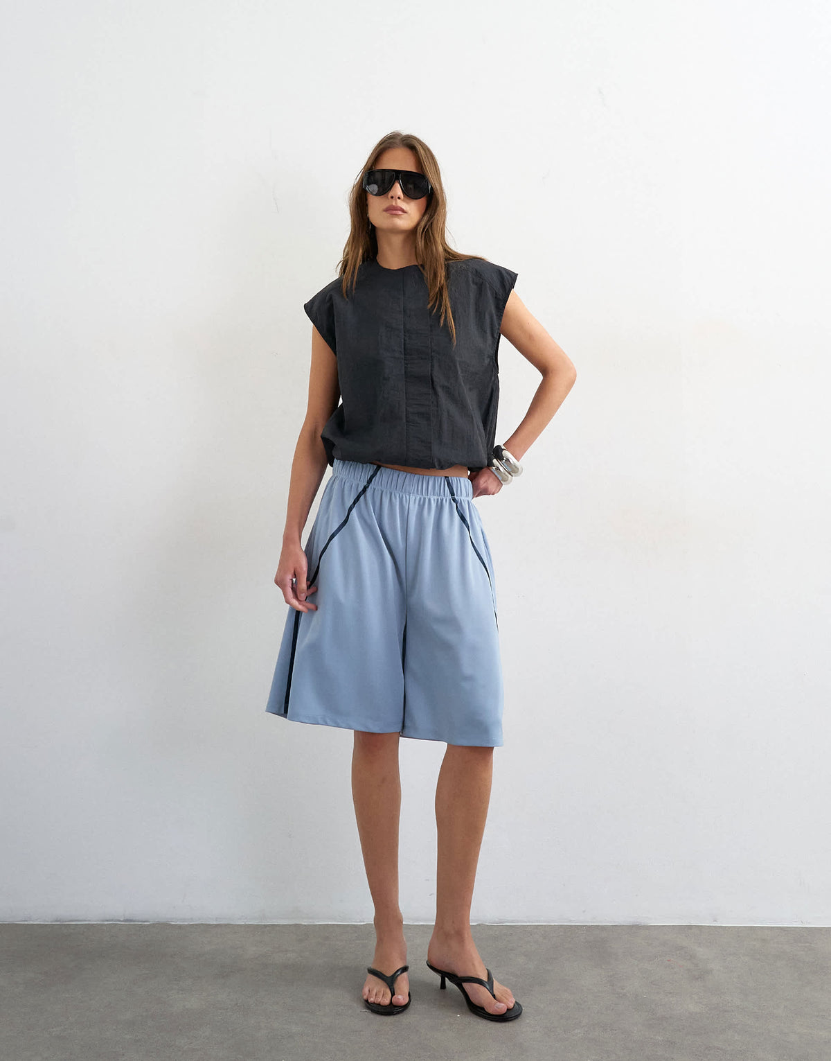 Topshop longline piping detail sports shorts in light blue