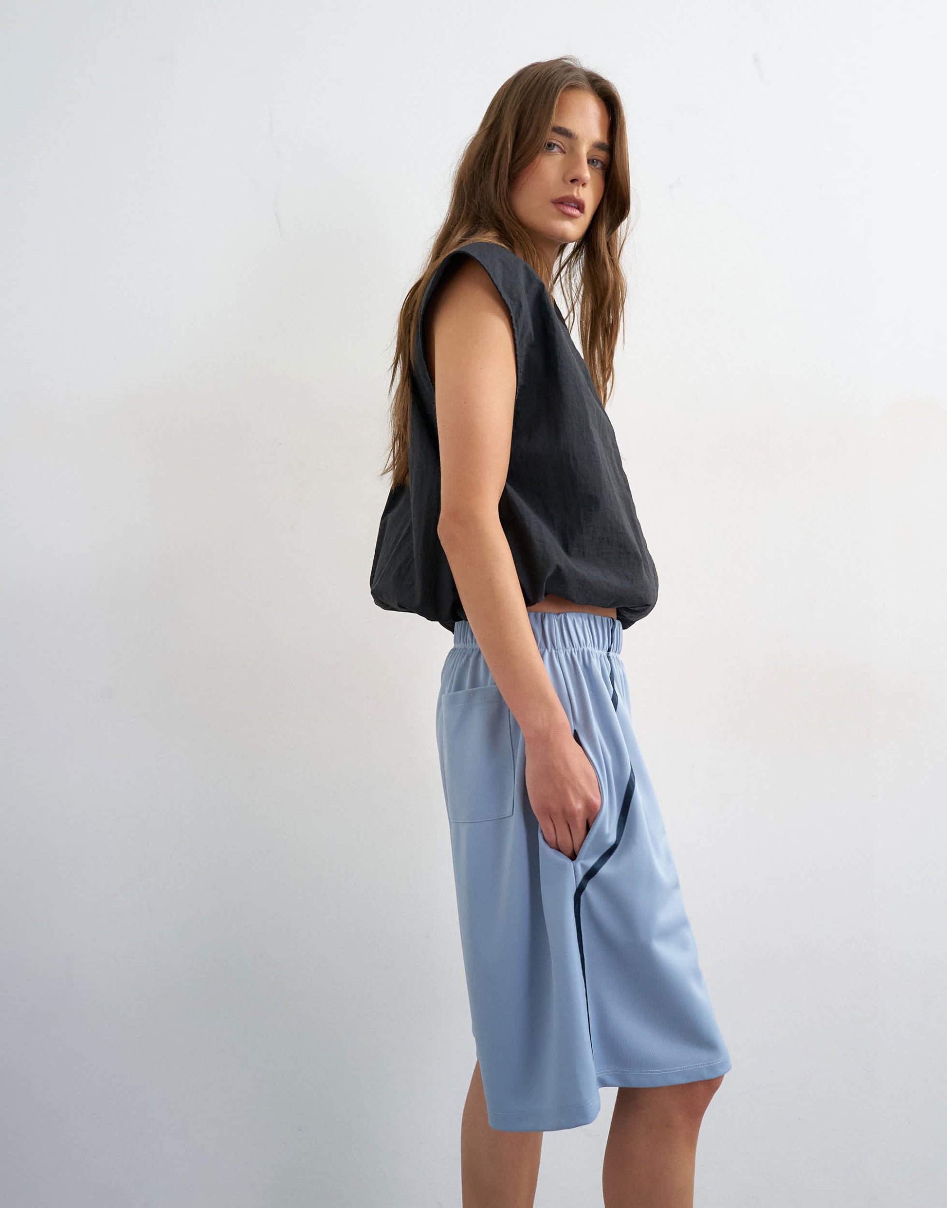 Topshop longline piping detail sports shorts in light blue